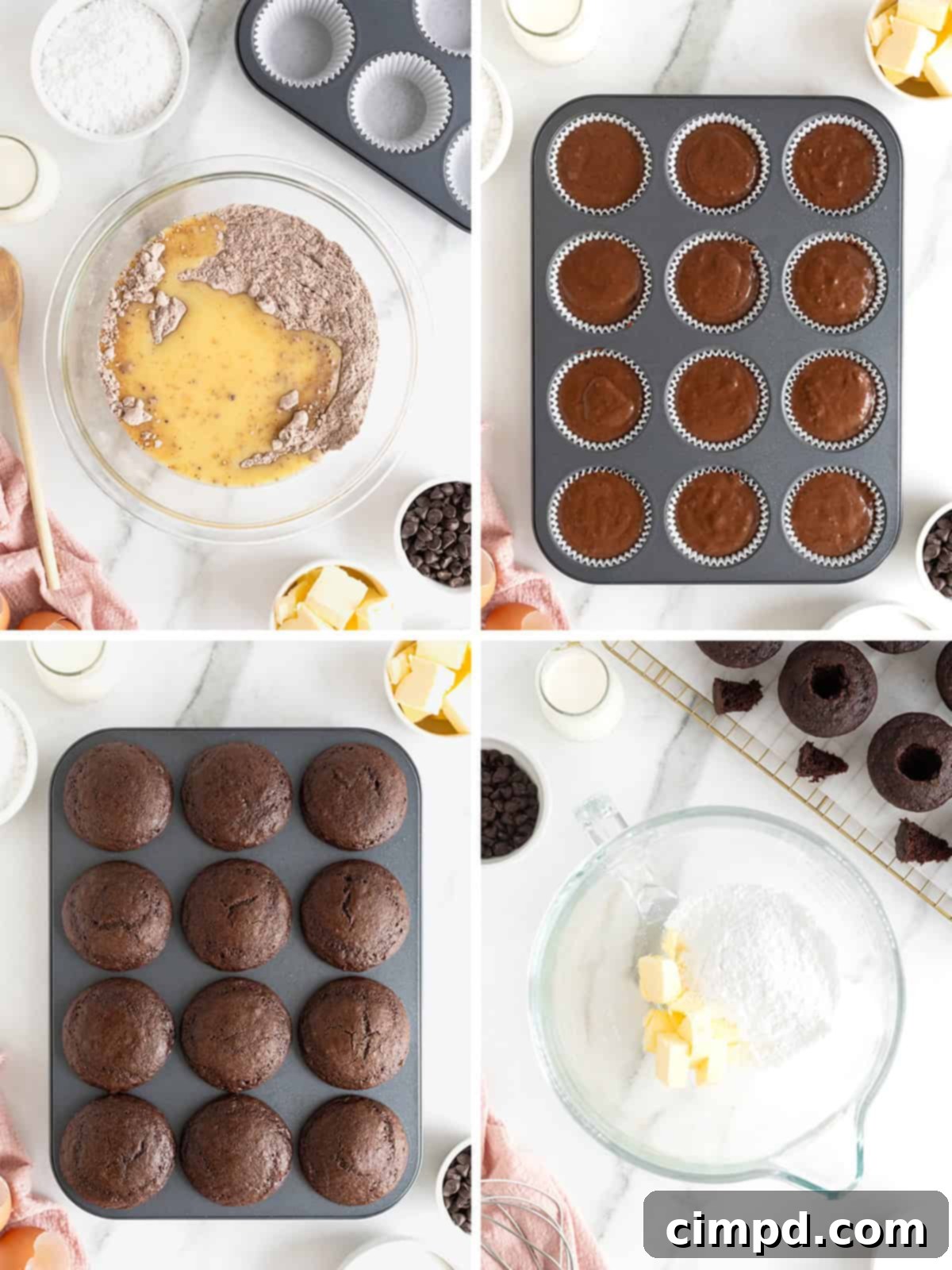 Sequential steps demonstrating how to prepare dark chocolate cream filled cupcakes, including the process of hollowing out and filling.