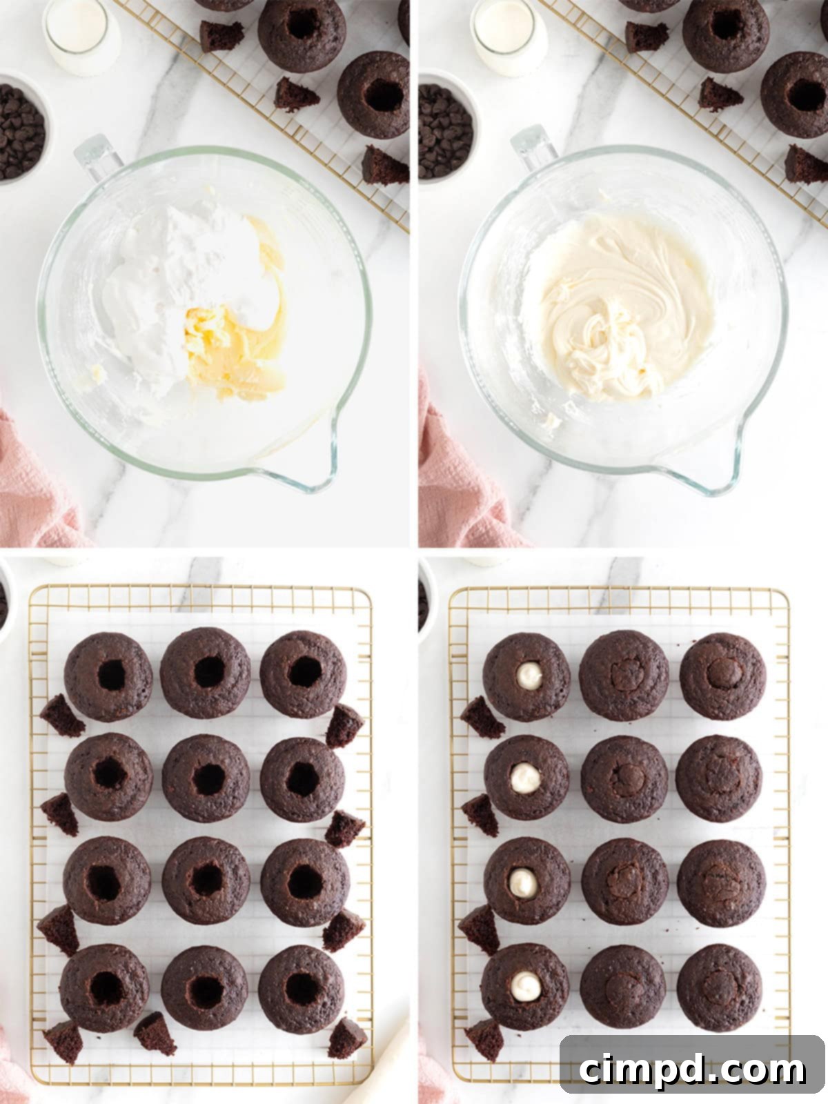 Three step-by-step images showing the process of making chocolate cupcakes with a marshmallow cream filling, from piping the cream to topping with the cake lid.