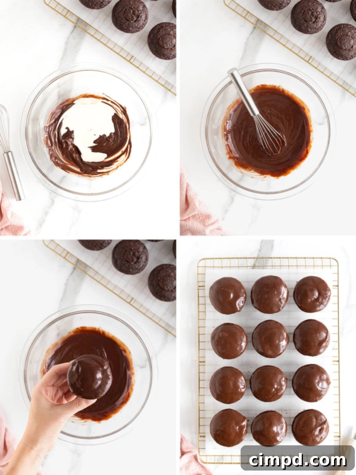 A four-panel image illustrating the final steps of making dark chocolate cream filled cupcakes, including ganache preparation and dipping.