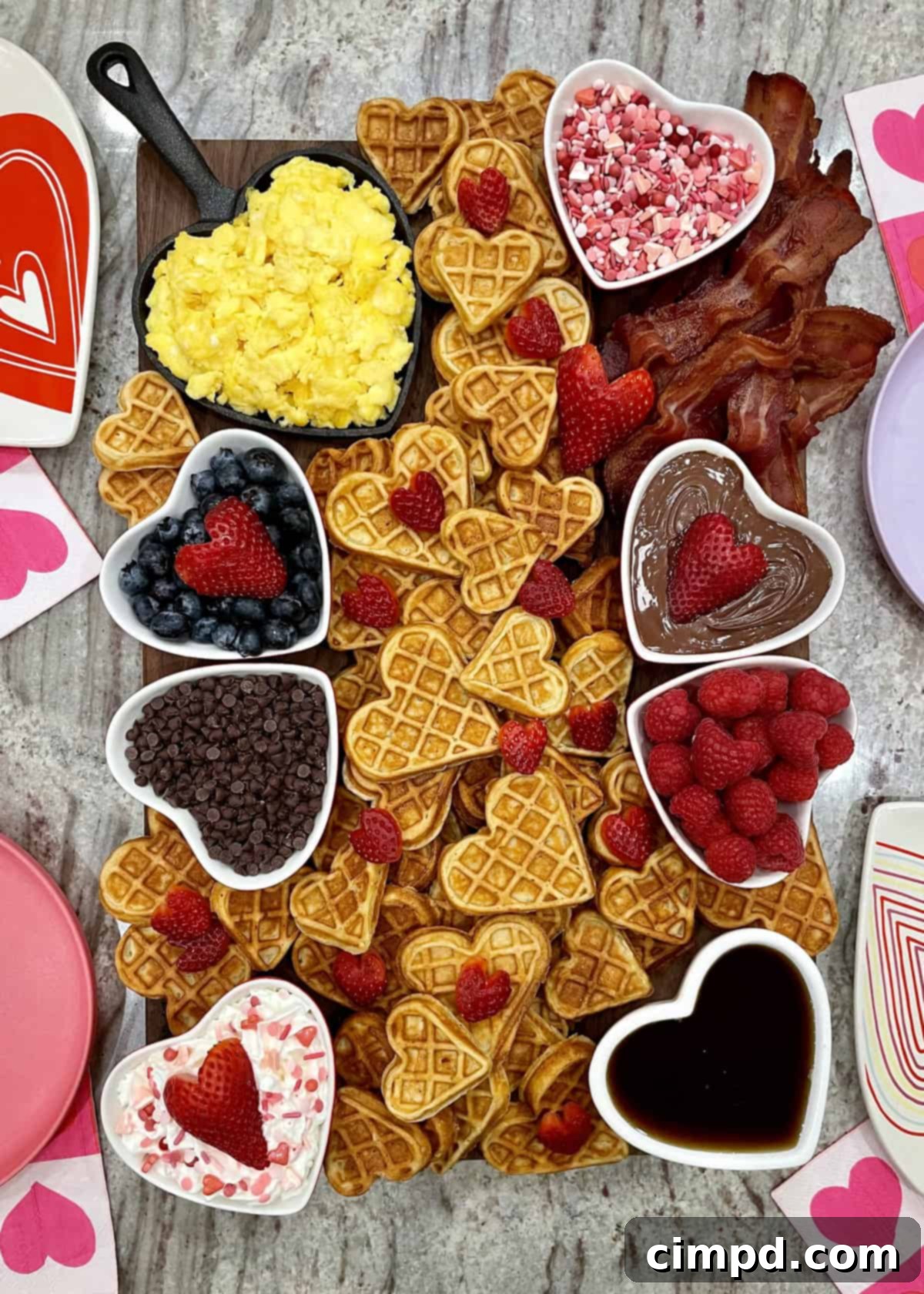 Beautifully arranged Valentine's Day Waffle Board by The BakerMama, featuring heart-shaped waffles, bacon, eggs, and fresh fruit.