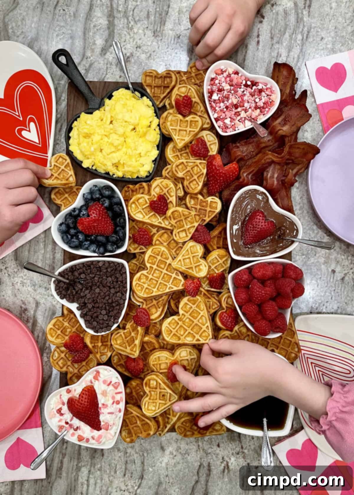 Close-up of a Valentine's Day Waffle Board showing crispy heart-shaped waffles and fresh berries.