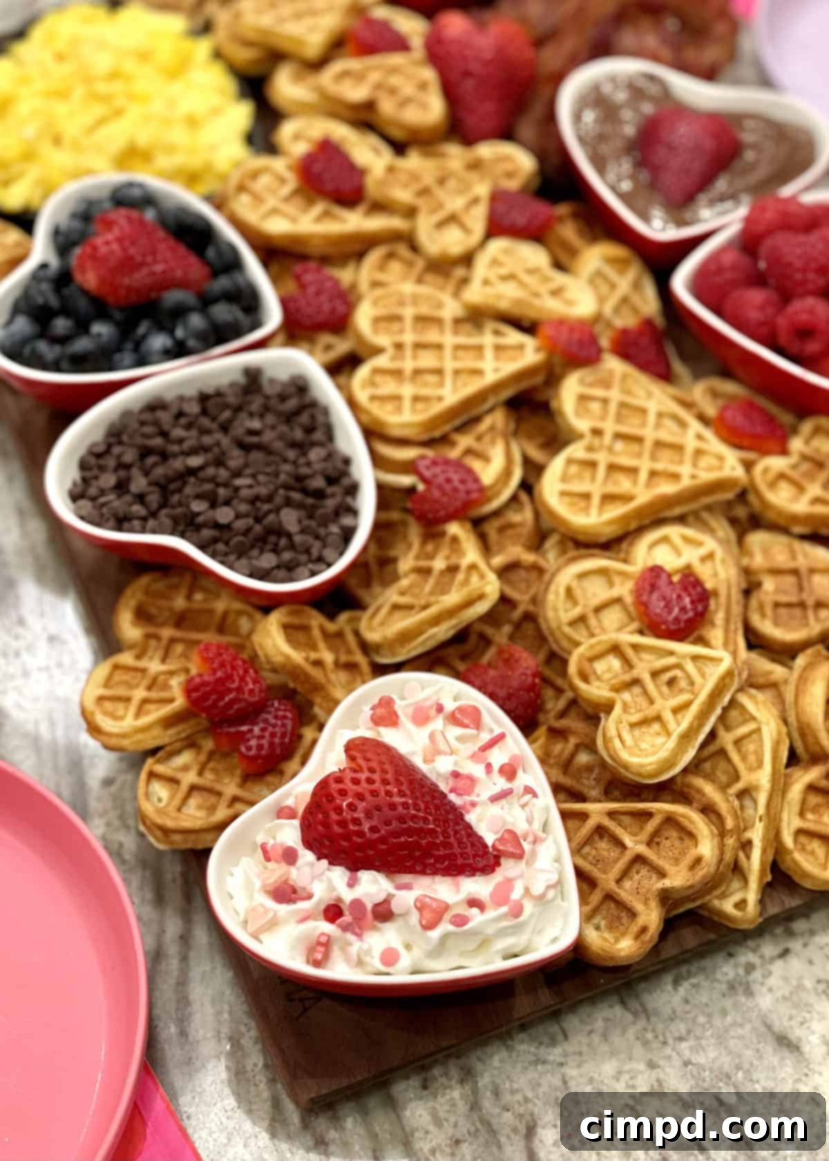 Assortment of ingredients for Valentine's Day Waffle Board, including a mini heart waffle maker.