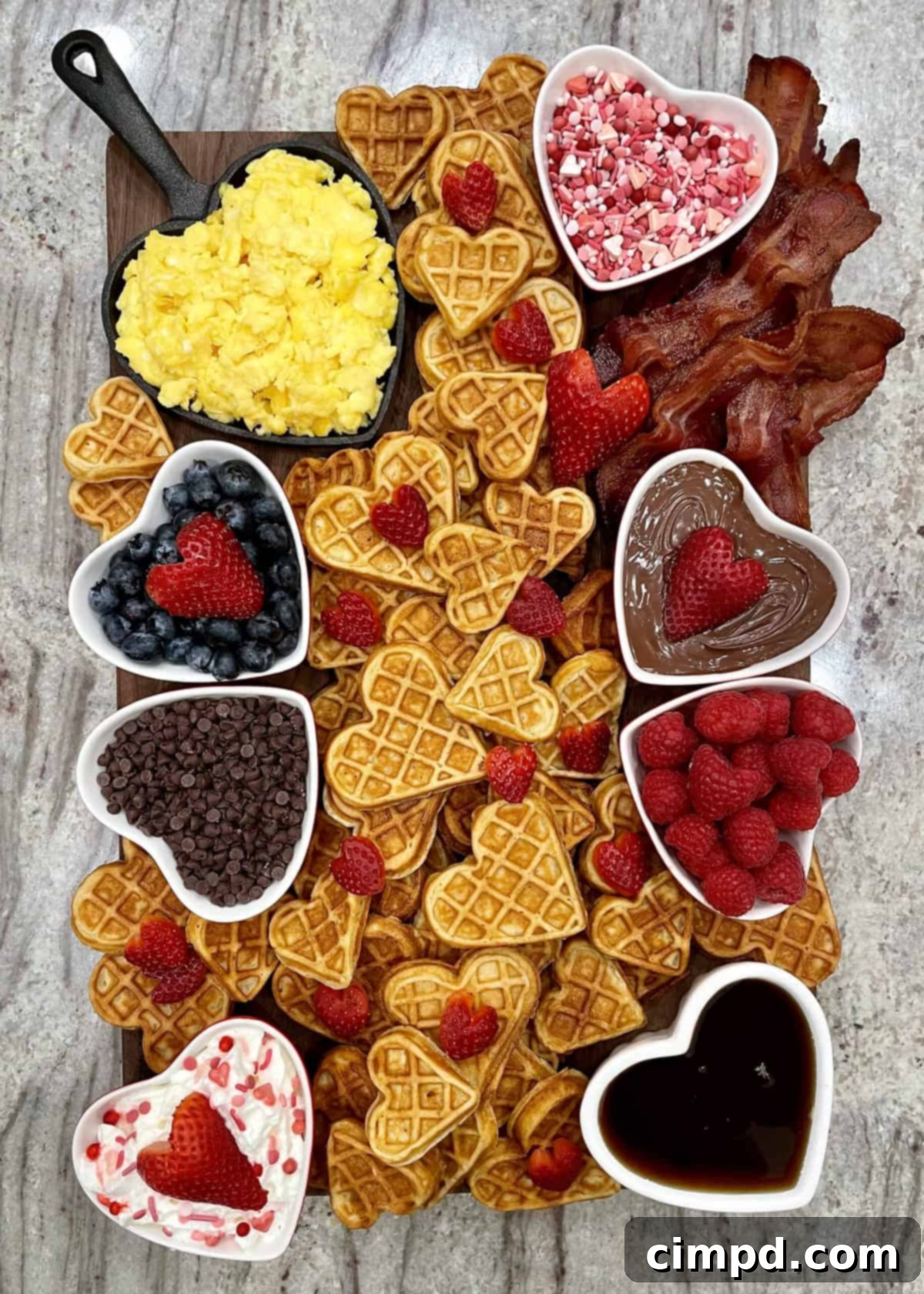 Completed Valentine's Day Waffle Board, ready to be served, showcasing all components.
