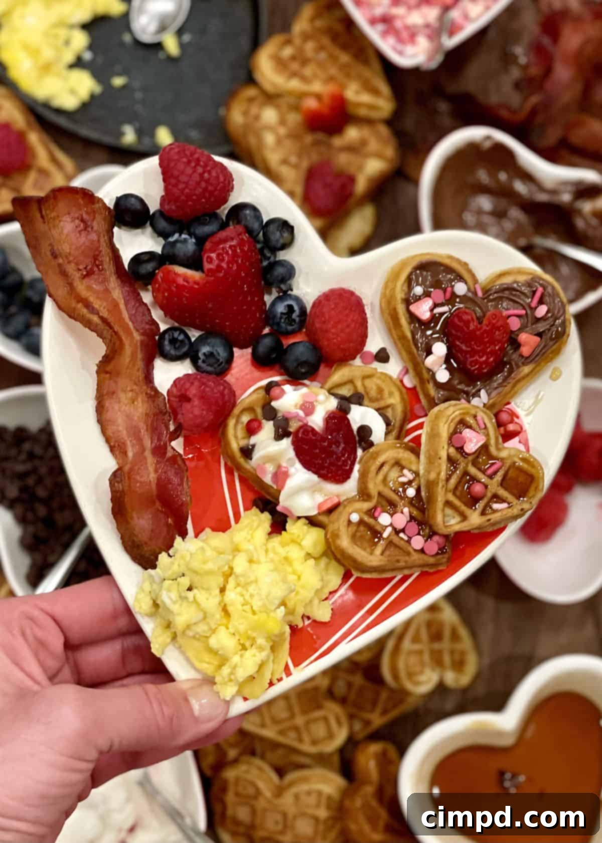 Another view of the Valentine's Day Waffle Board with various toppings and heart-shaped elements.