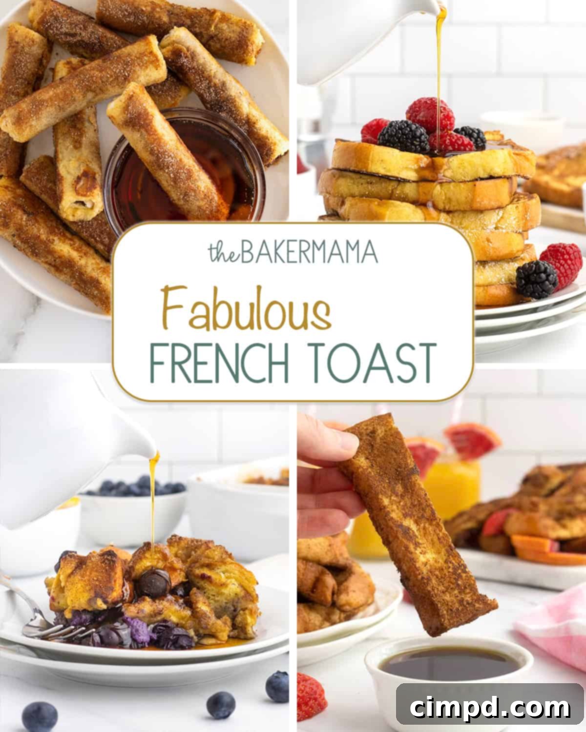 A vibrant collage showcasing four different types of French toast: classic golden slices, fruity berry casserole, cinnamon sugar roll-ups, and indulgent stuffed versions, all garnished and ready to serve for a diverse breakfast spread.
