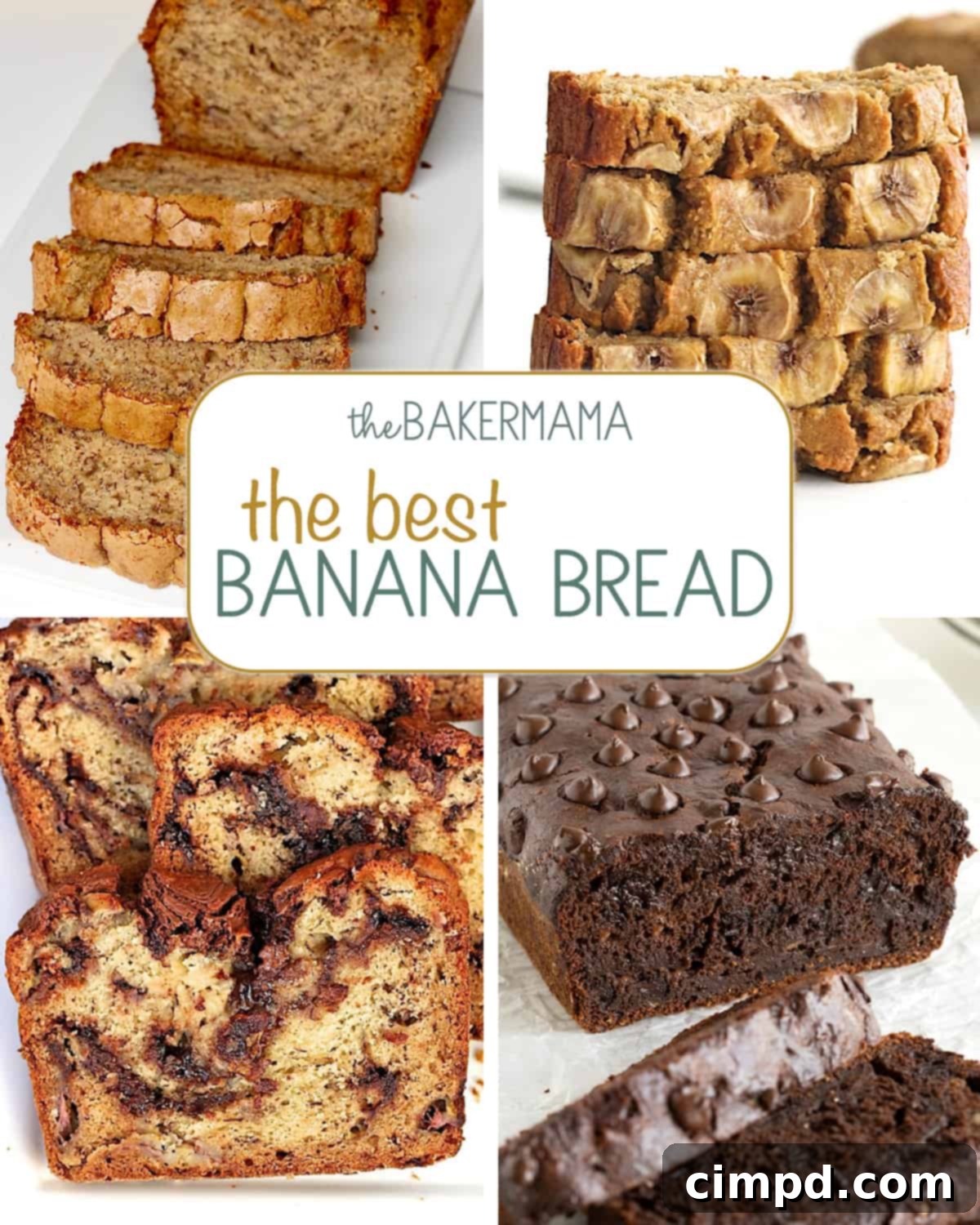 Irresistible Banana Bread Creations 2 A collage of four different banana bread loaves, showcasing various textures and toppings, inviting viewers to explore the best banana bread recipes.