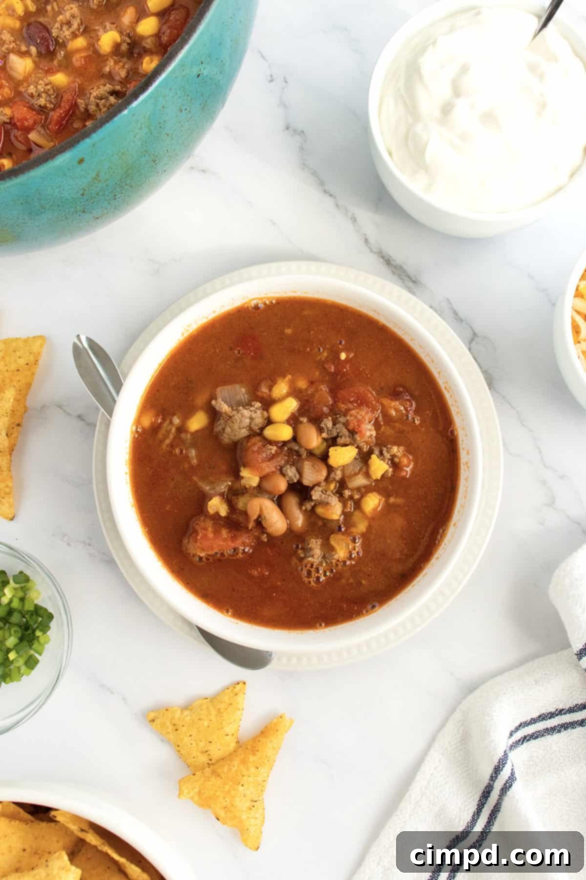 Close-up of a spoonful of flavorful Taco Soup