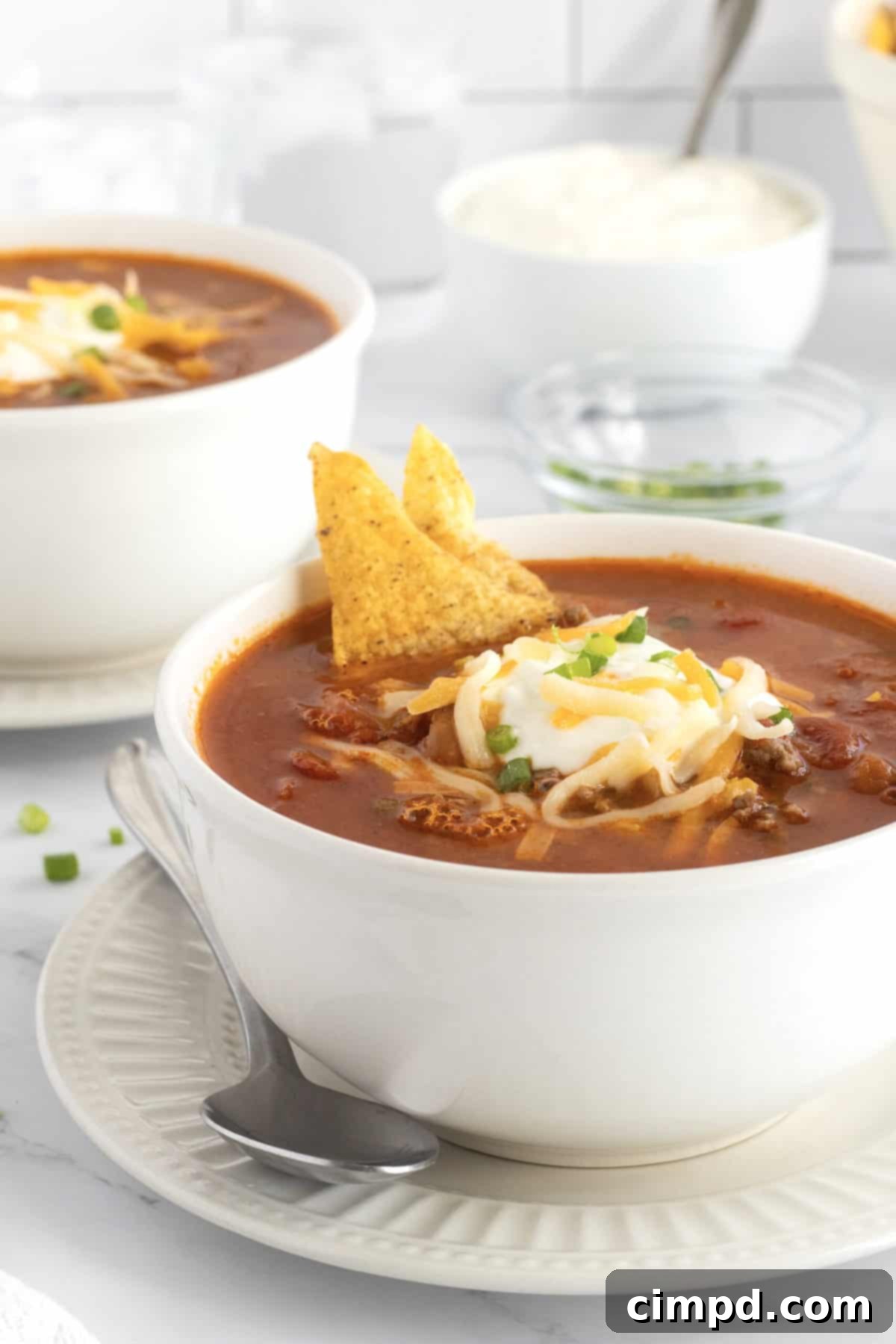 Taco Soup simmering in a large pot, ready to be served