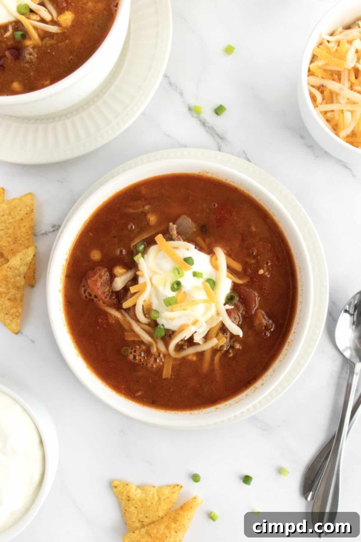 A bowl of garnished Taco Soup, ready for enjoyment