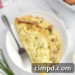 The Ultimate Omelet Guide 9 A top-down view of a beautifully cooked omelet on a plate.