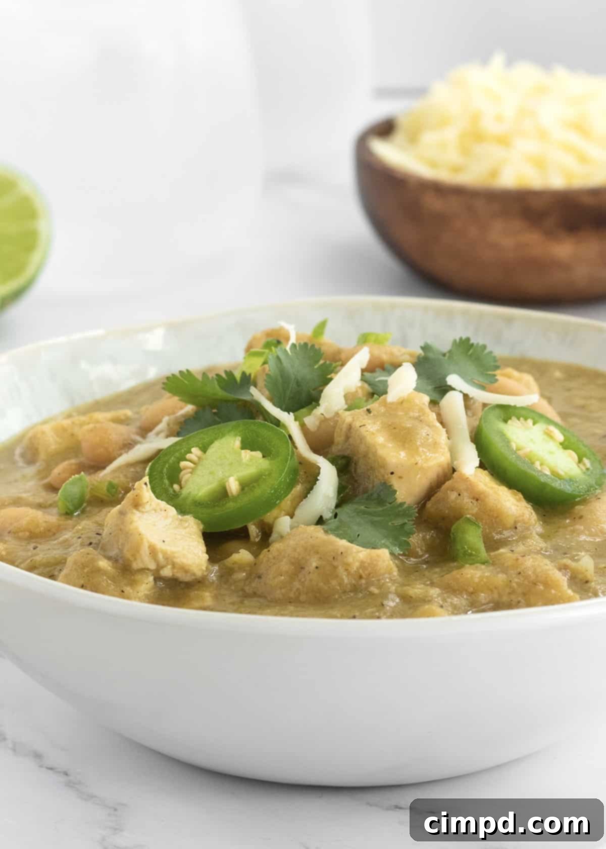 Zesty Green Chicken Chili 8 A beautifully plated bowl of Green Chicken Chili, ready to be enjoyed.