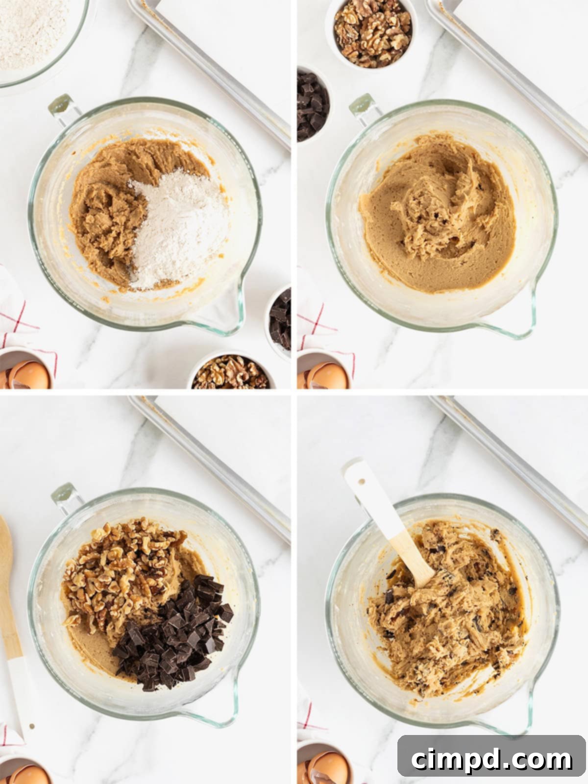 Steps to make dark chocolate walnut cookies.