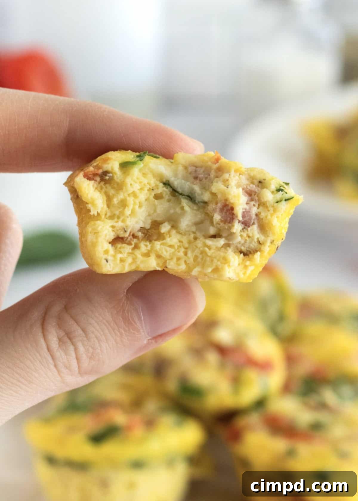 Savory Bacon, Spinach and Tomato Egg Bites 3 Close-up of freshly baked Bacon Spinach and Tomato Egg Bites in a mini muffin pan
