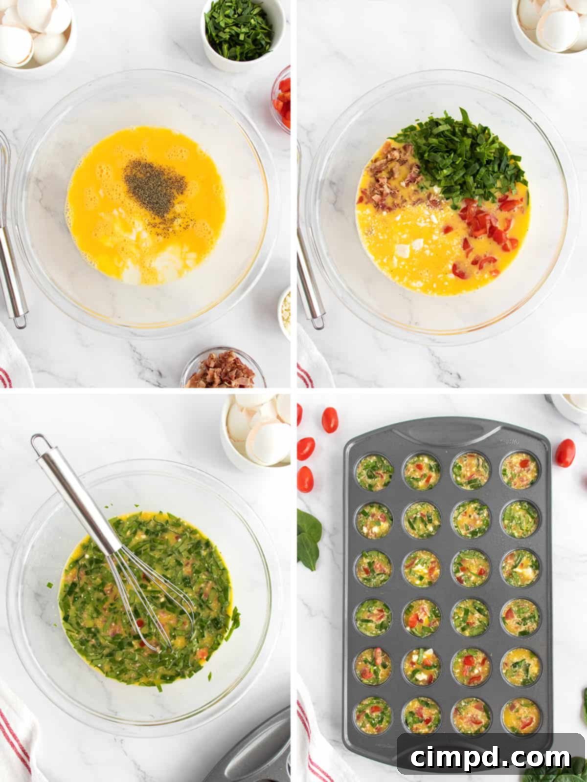 Savory Bacon, Spinach and Tomato Egg Bites 5 A batch of Bacon Spinach and Tomato Egg Bites in a mini muffin pan, freshly baked