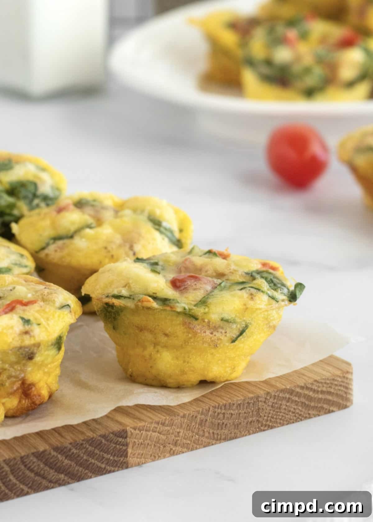 Savory Bacon, Spinach and Tomato Egg Bites 8 Close-up of a single Bacon Spinach and Tomato Egg Bite on a white plate