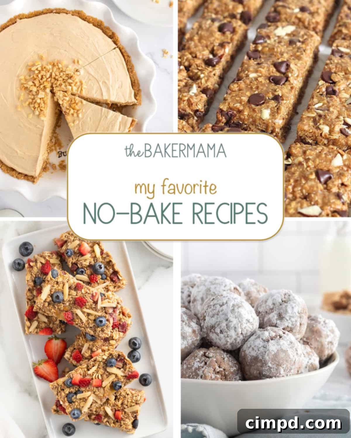 A vibrant collage showcasing various no-bake treats: a slice of peanut butter pie, a stack of 5-ingredient granola bars, overnight oats bars topped with fruit, and muddy buddy bites.