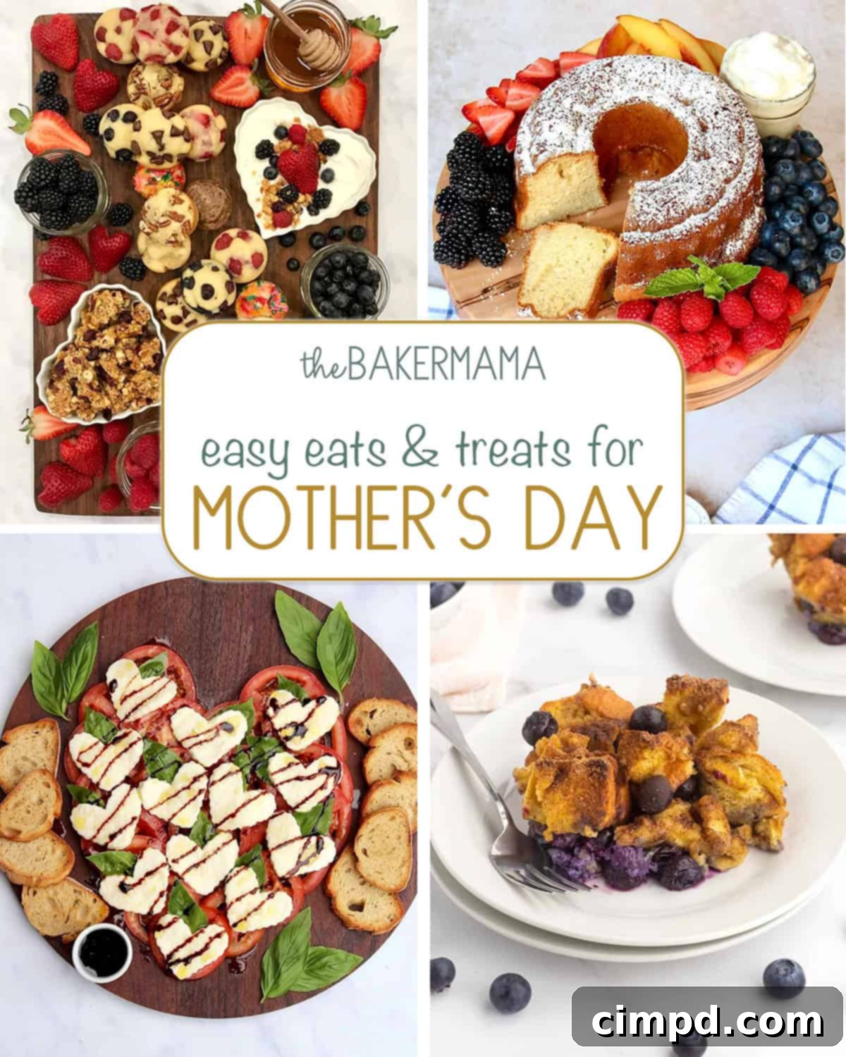 A vibrant spread for Mother's Day brunch featuring a muffin board, luscious sour cream pound cake, a charming heart-shaped Caprese salad, and a comforting French toast casserole.