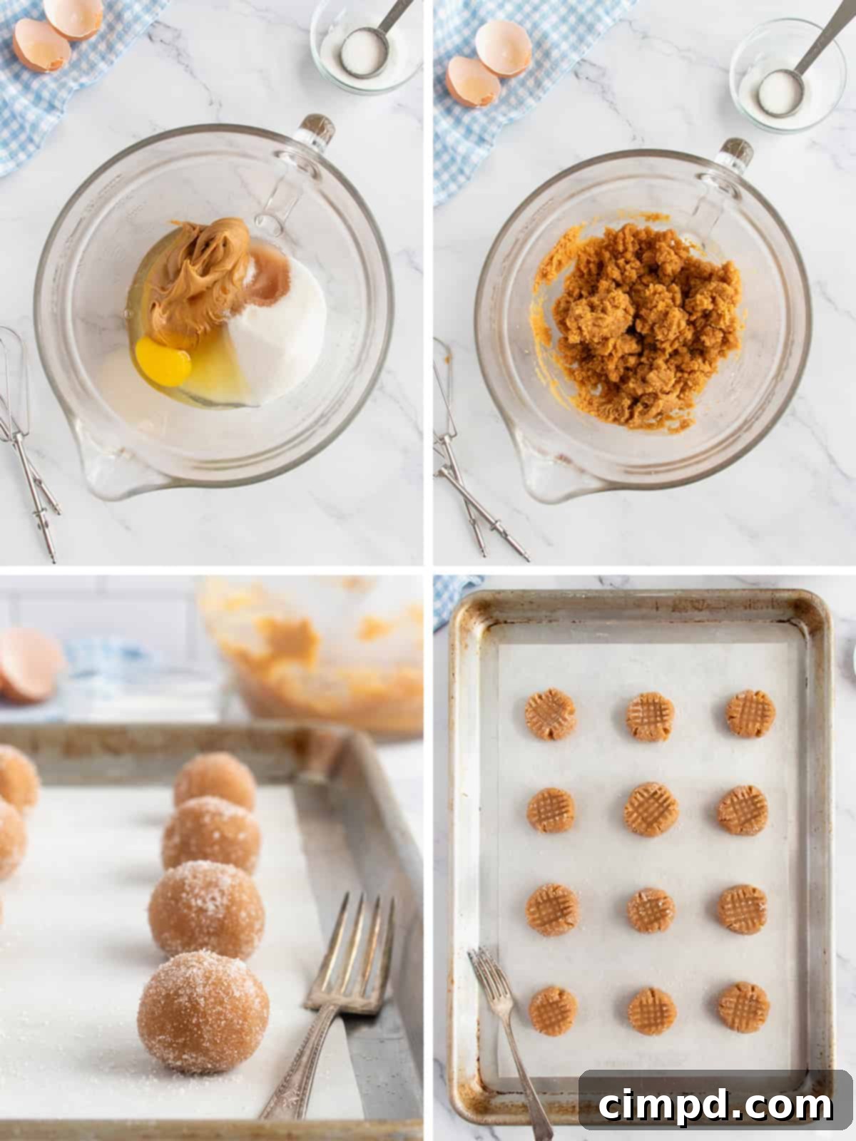 Effortless 4 Ingredient Flourless Peanut Butter Cookies 5 Hands pressing a fork into a 4-ingredient flourless peanut butter cookie dough ball