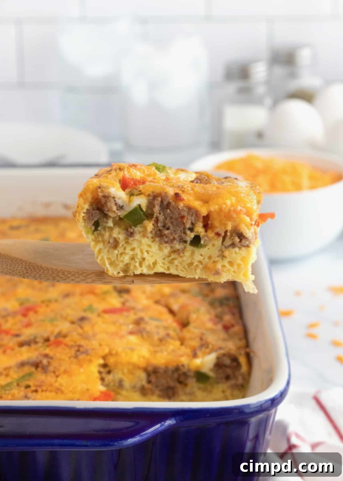 Delicious Sausage Egg Casserole, a perfect make-ahead breakfast by The BakerMama