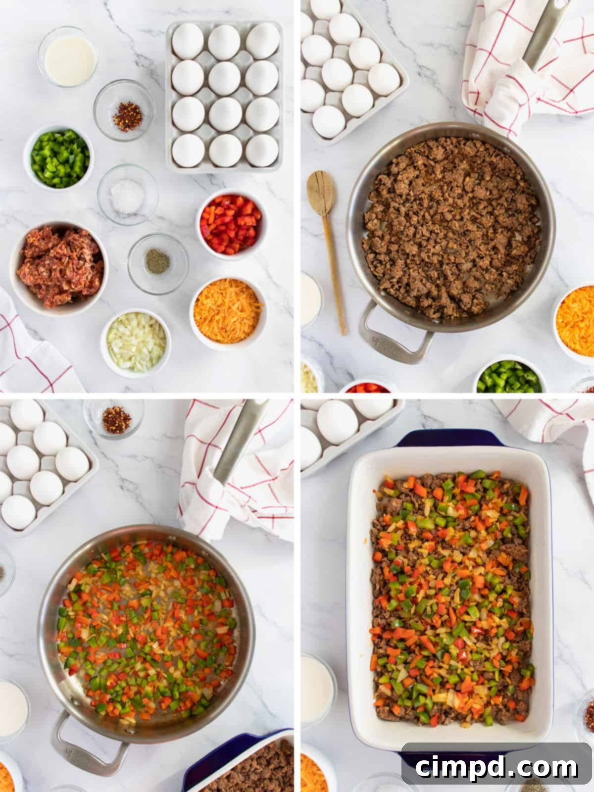 Sausage and vegetables cooking in a skillet for the casserole