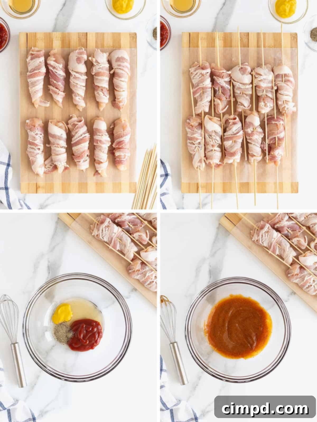 Crispy Bacon Chicken Skewers 8 A visual collage showing the steps to prepare bacon-wrapped chicken skewers, from wrapping to skewering and mixing the sauce.