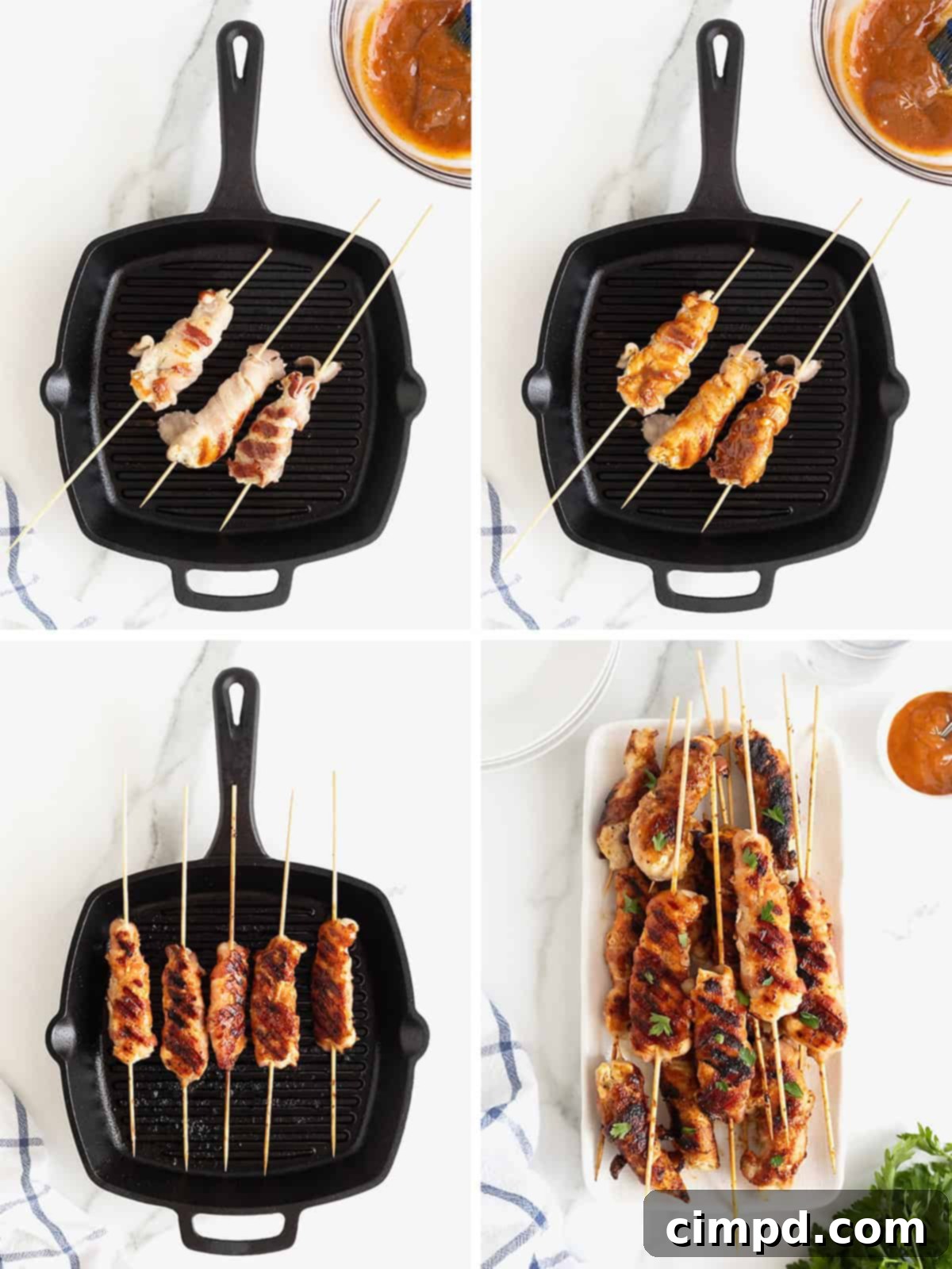 Crispy Bacon Chicken Skewers 9 Another visual collage illustrating the grilling and basting process for the bacon-wrapped chicken skewers.