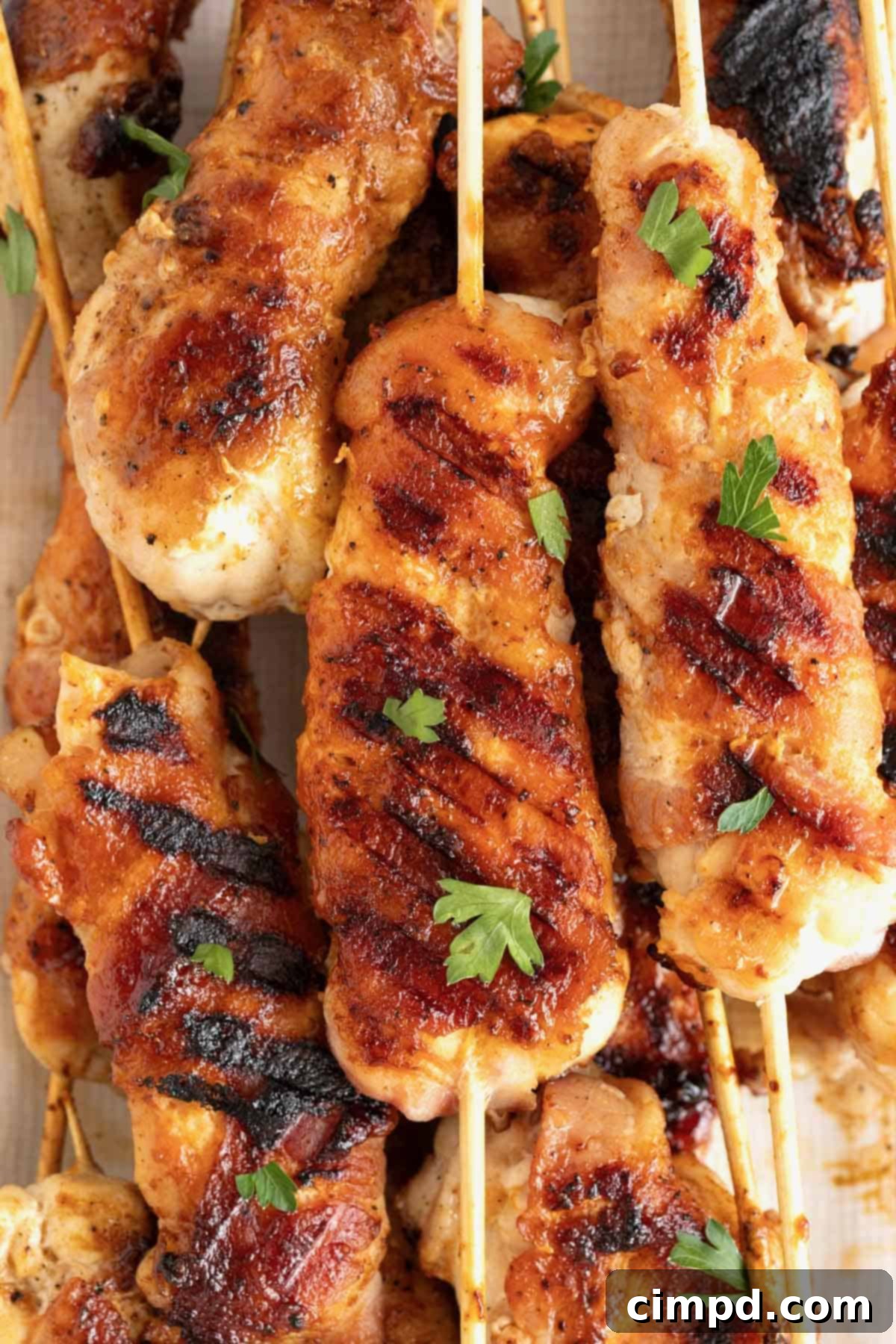 Crispy Bacon Chicken Skewers 10 A large pile of golden-brown bacon-wrapped grilled chicken tenderloins, ready to be enjoyed.