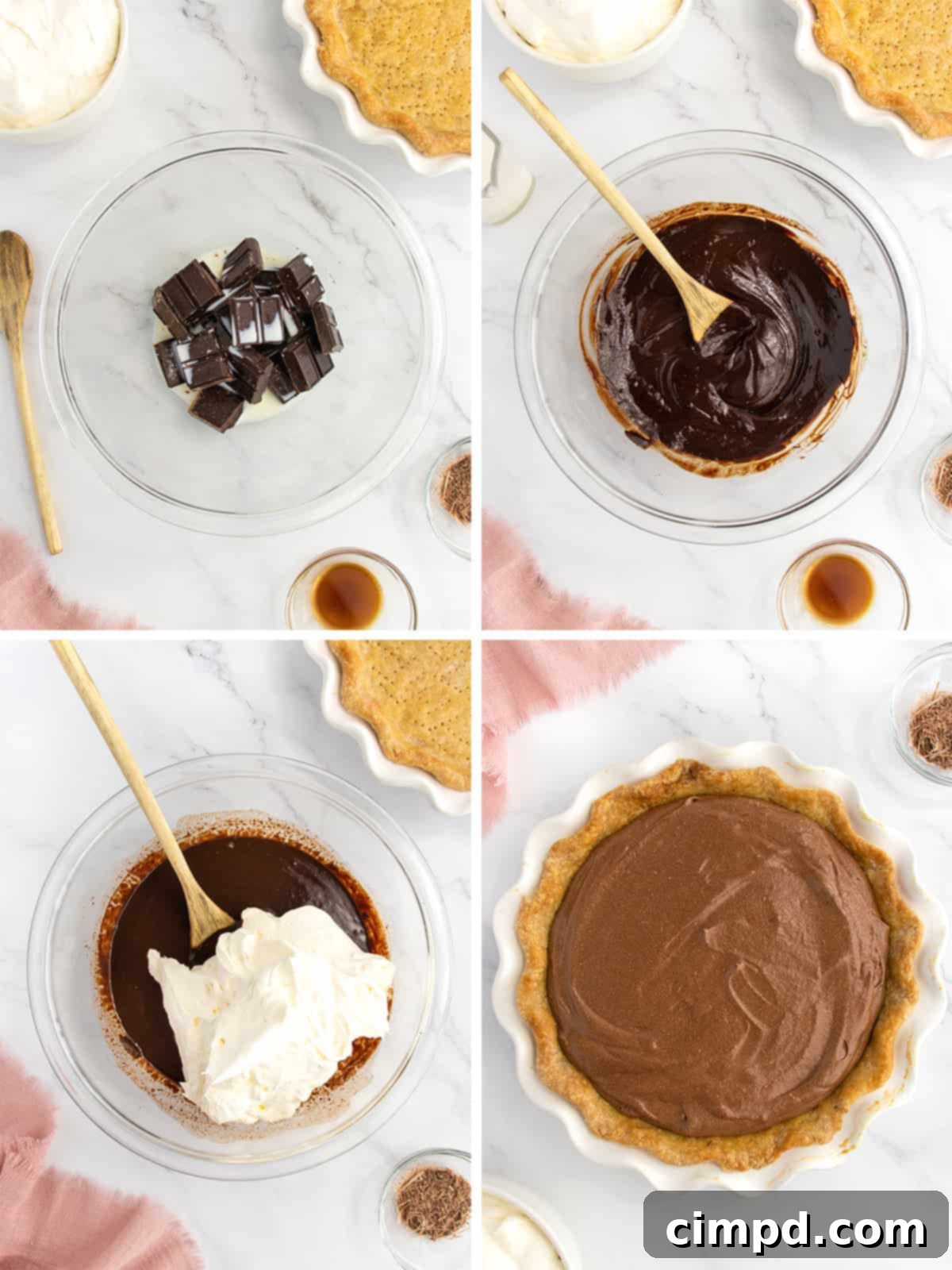 A smooth, dark chocolate filling being spread evenly into a golden-brown, pre-baked pie crust.