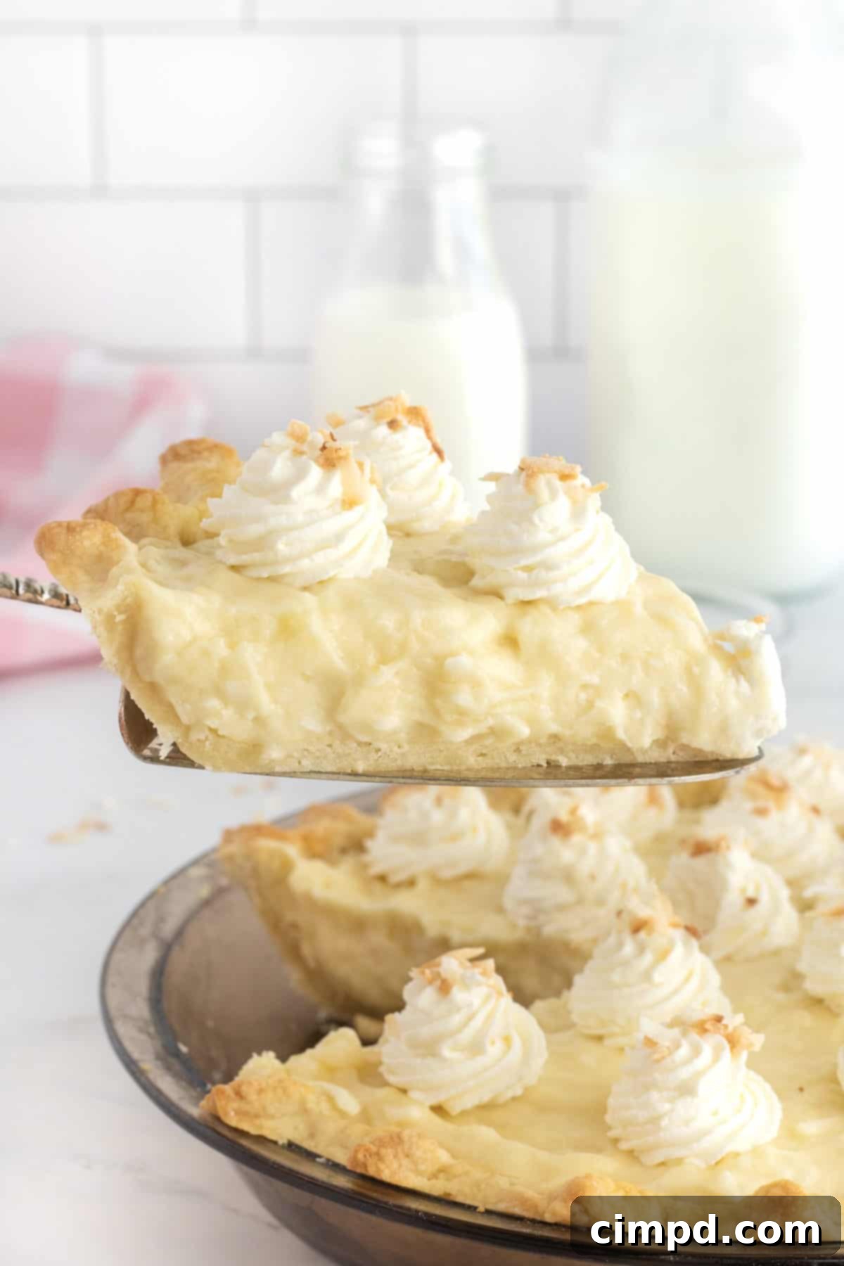 Close-up of a slice of creamy Coconut Cream Pie, showcasing the filling's texture and toasted coconut garnish