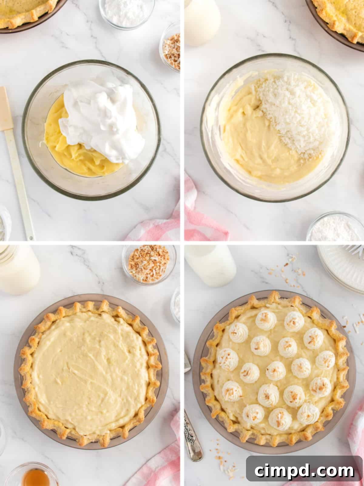 A slice of Coconut Cream Pie being served, showing the layers of crust, custard, and whipped topping