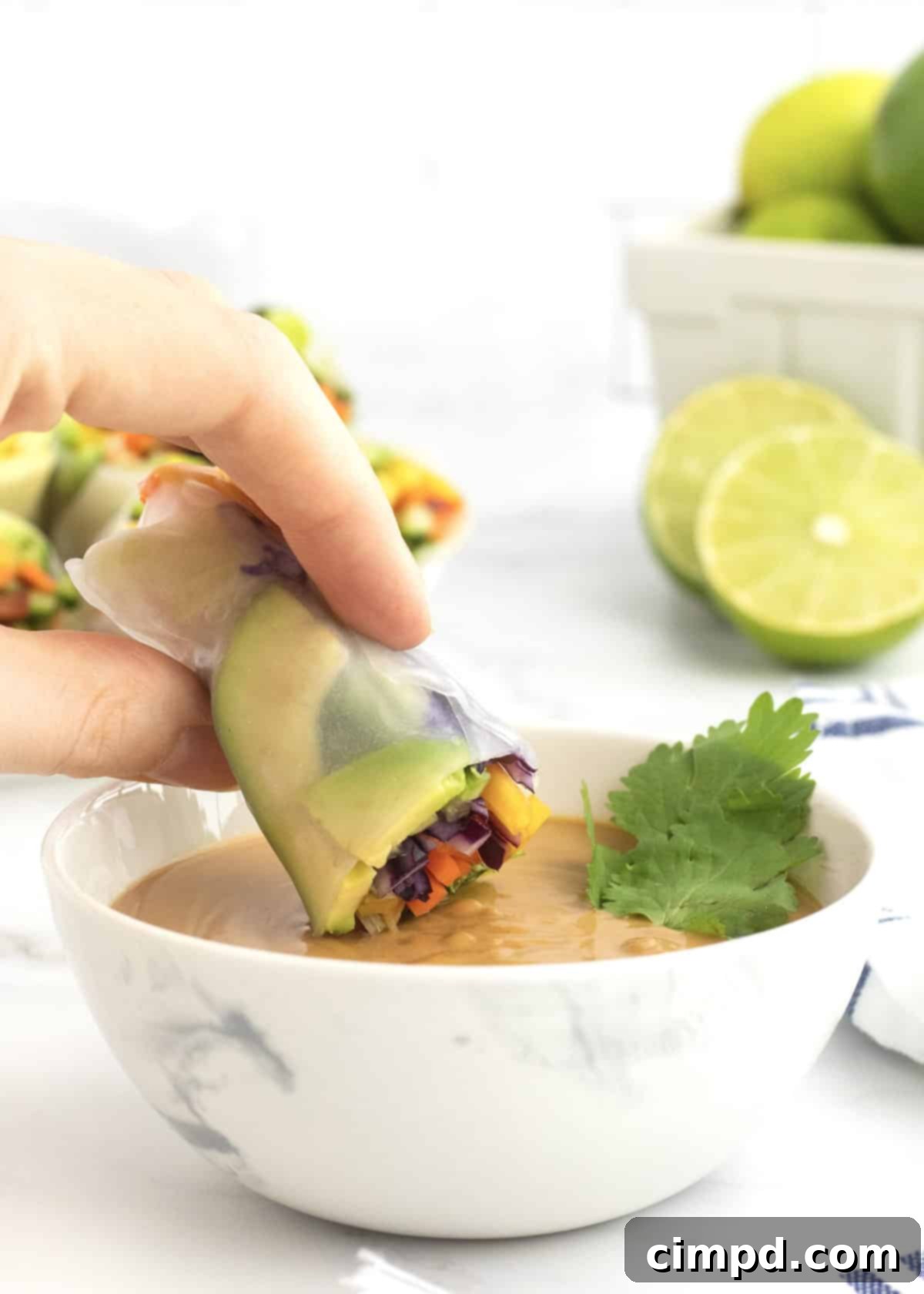 Refreshing Summer Wraps 8 A perfectly rolled Fresh Summer Roll, showcasing its neat and vibrant interior.