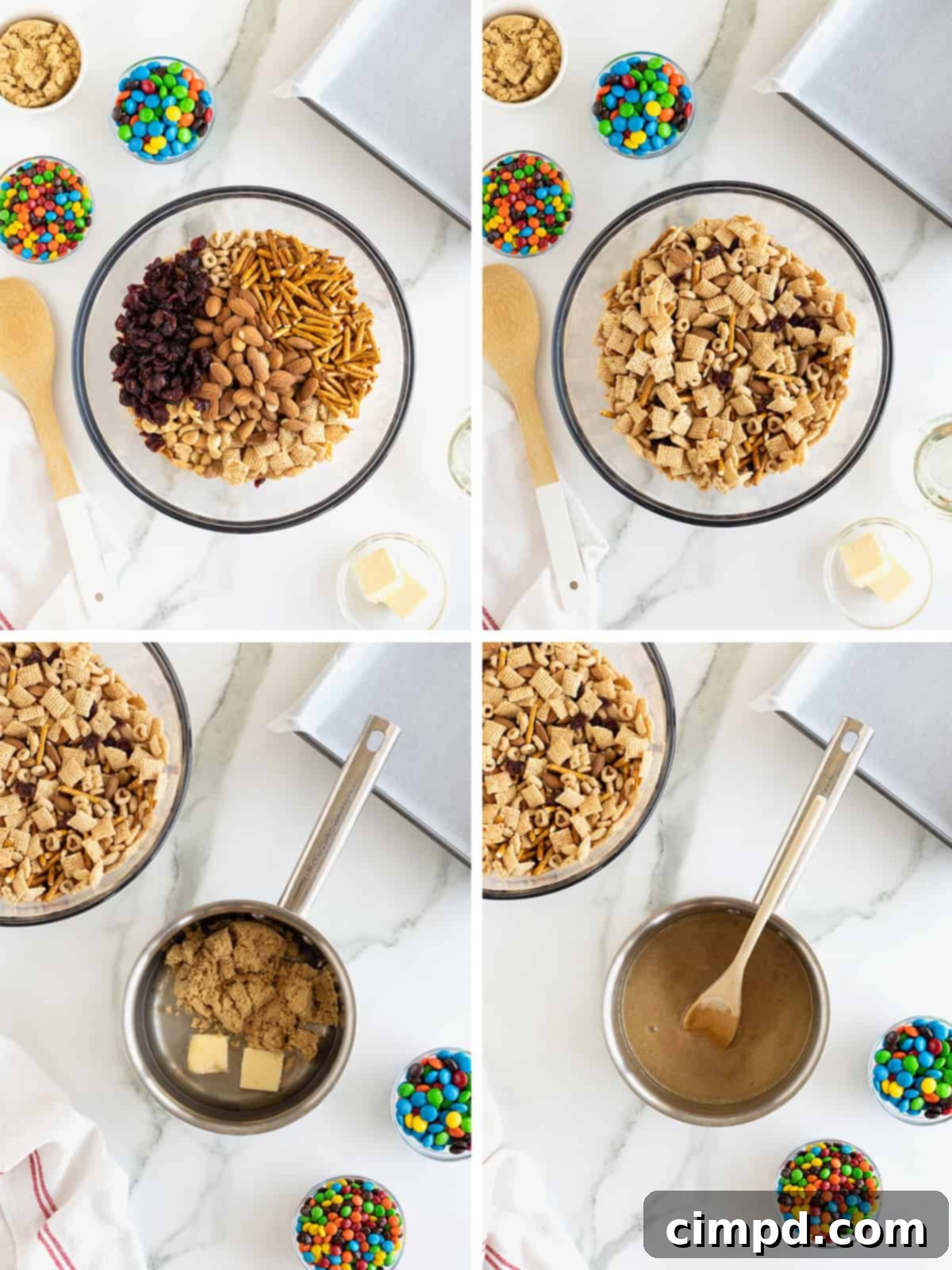 No-Bake Grab-and-Go Bars 6 A visual guide showing the initial steps to make no-bake cereal snack mix bars, including combining dry ingredients and preparing the syrup.