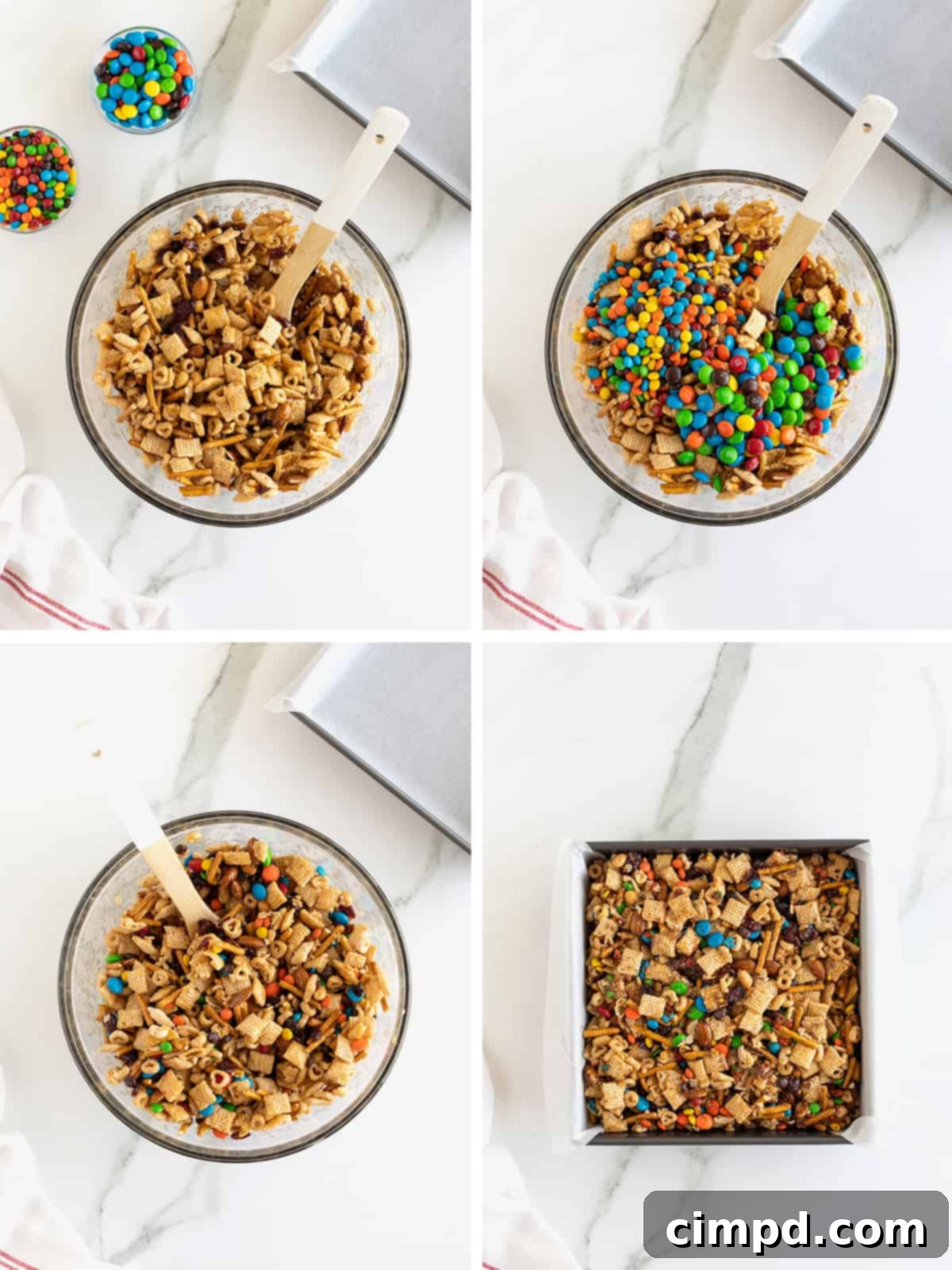 No-Bake Grab-and-Go Bars 7 Visual steps illustrating the process of making no-bake cereal snack mix bars, including coating the mix with syrup and incorporating M&Ms.