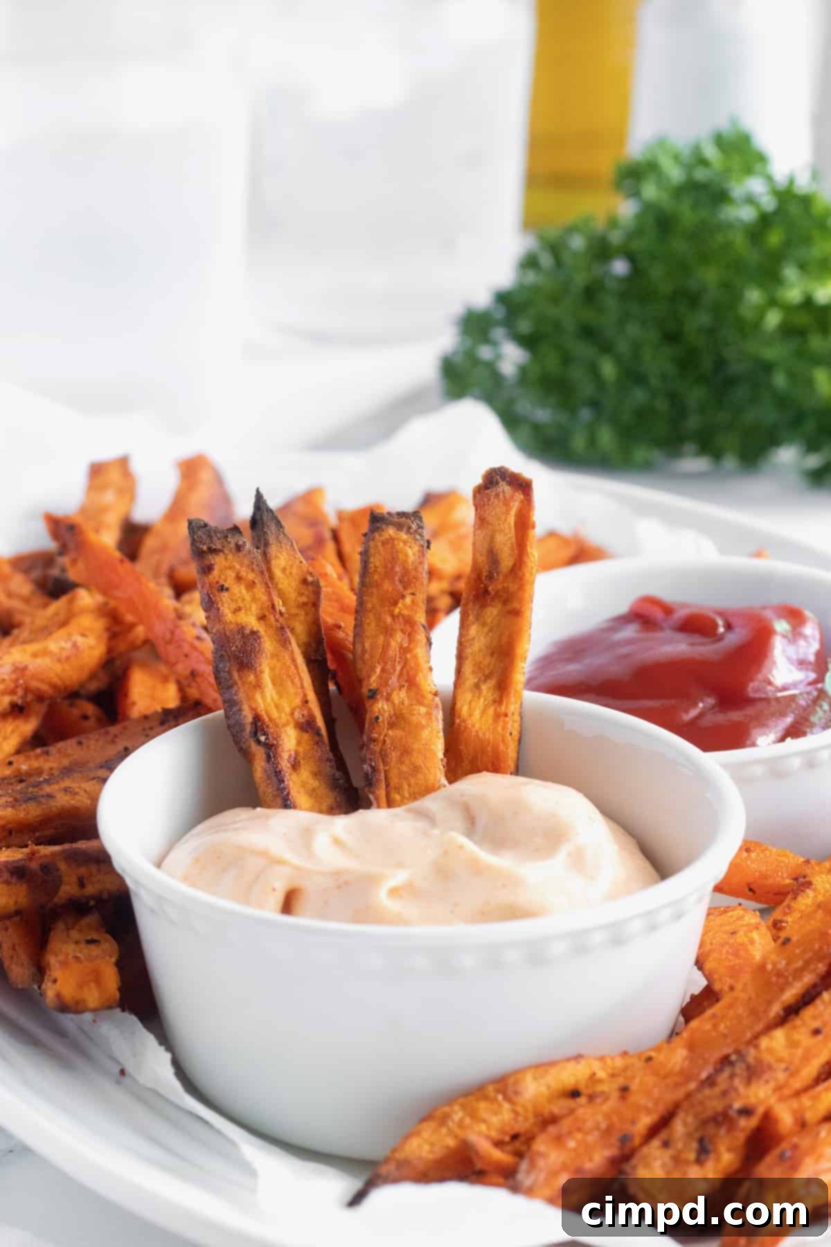 A serving of crispy baked sweet potato fries with a dipping sauce