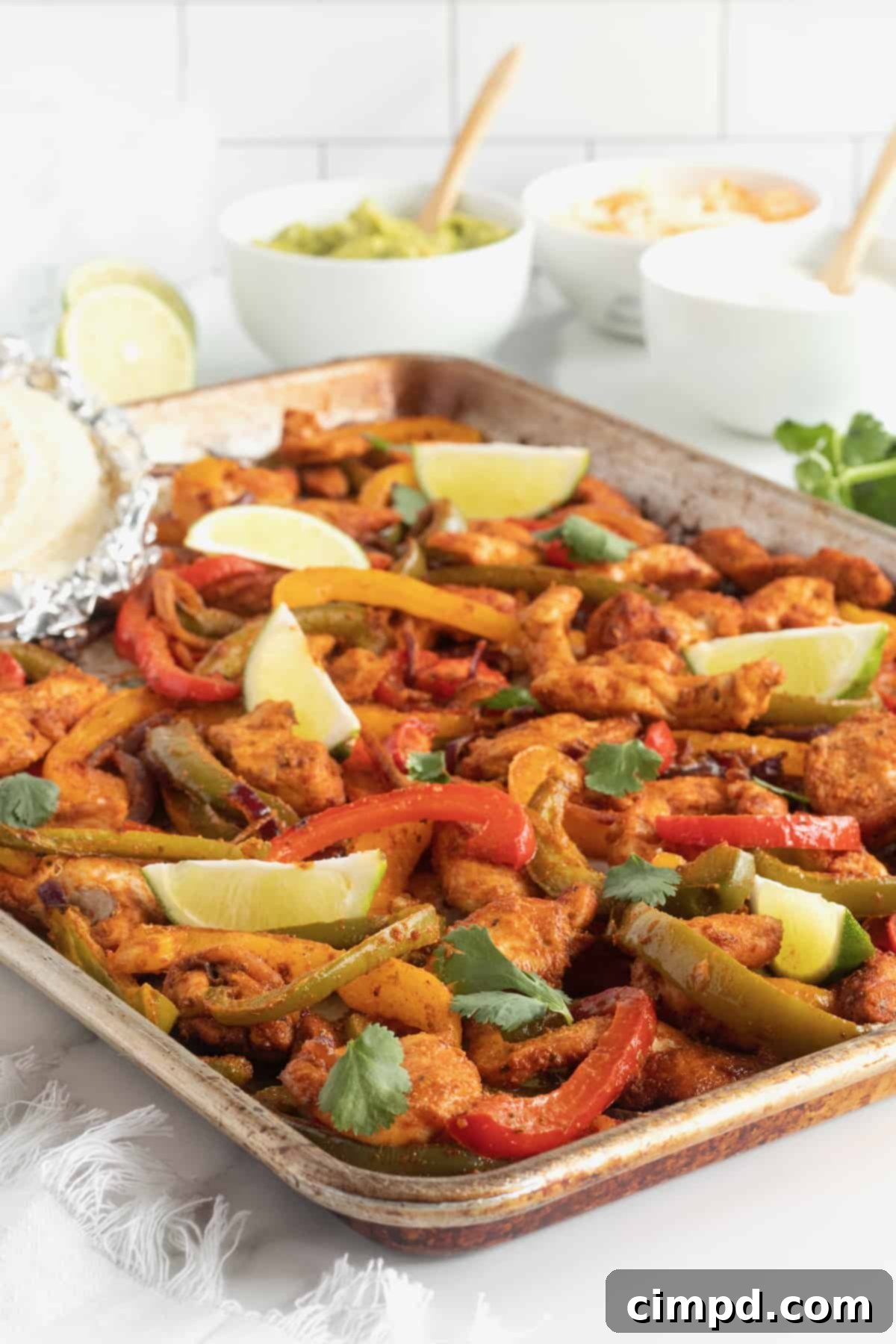 Cooked Sheet Pan Chicken Fajitas, fresh out of the oven, with a slight char on the edges.