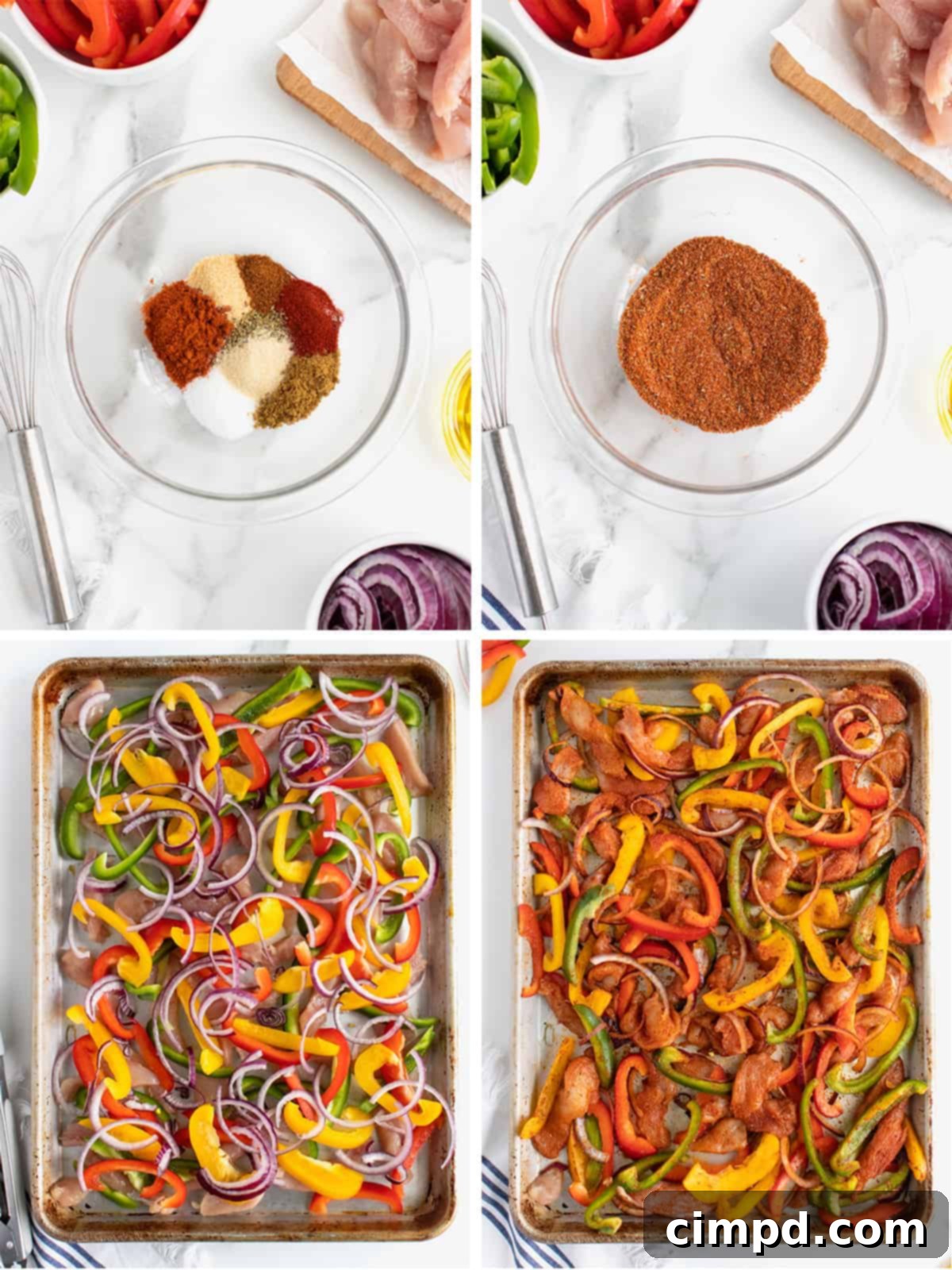 A closer view of the chicken and vegetables on the sheet pan, beautifully seasoned and ready to roast.