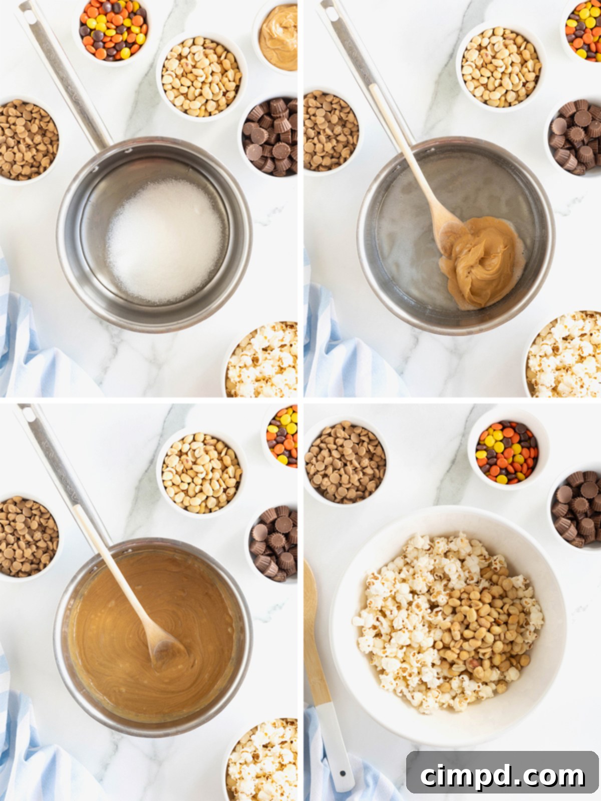 Steps to make Loaded Peanut Butter Popcorn Balls.