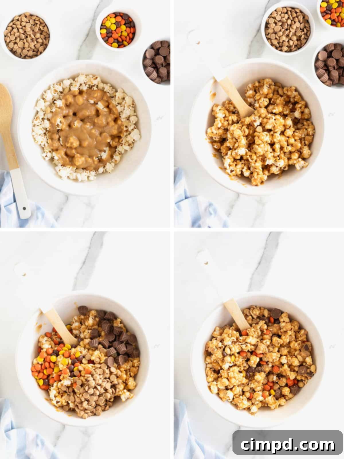 Steps to make loaded peanut butter popcorn balls.