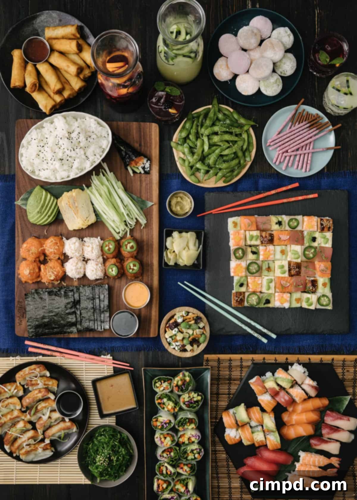 Sushi & Sangria: A Delicious Duet 2 A beautifully arranged Sushi and Sangria Spread, featuring a variety of sushi, summer rolls, and sangria glasses, perfect for entertaining.