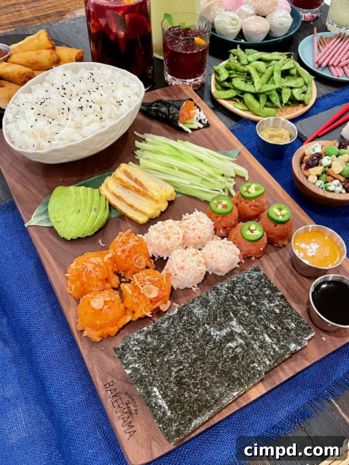 Sushi & Sangria: A Delicious Duet 4 A meticulously arranged Build-Your-Own Temaki Handroll Board, inviting guests to create their own sushi handrolls.