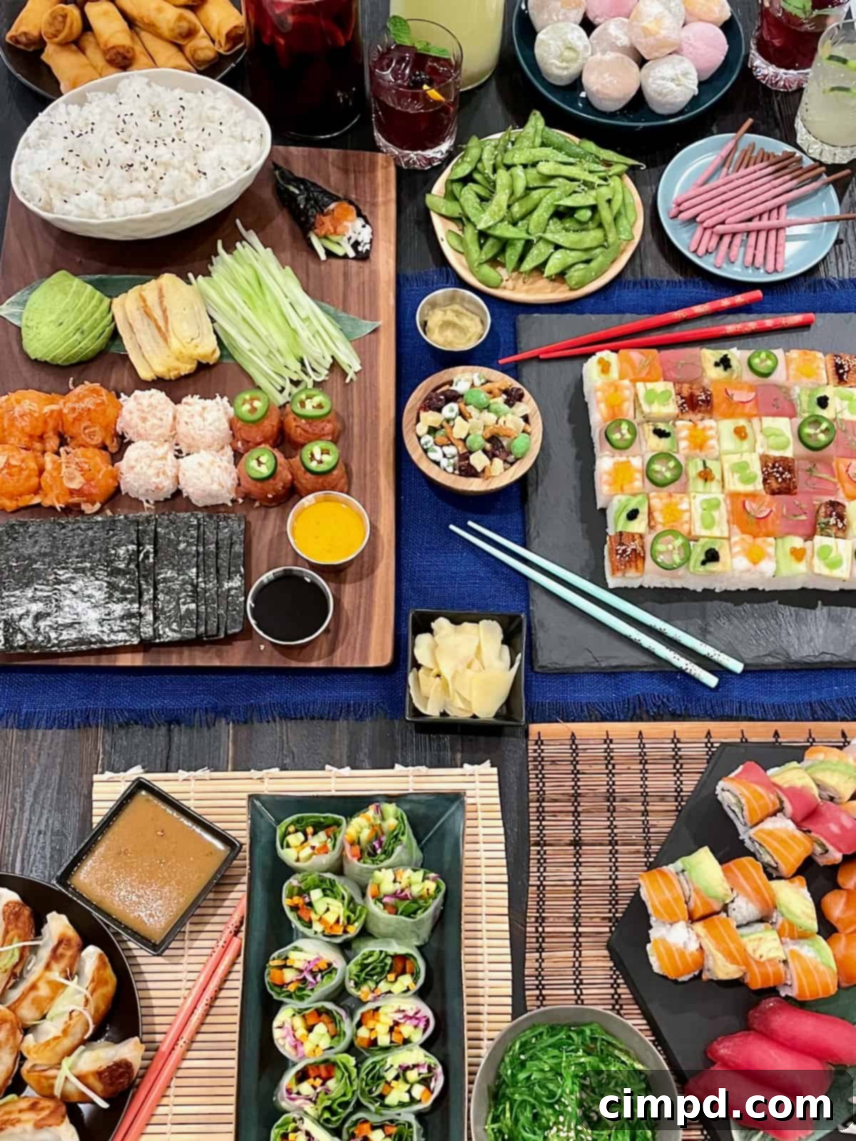 Sushi & Sangria: A Delicious Duet 7 A vibrant table spread showcasing an array of Japanese delights, including sushi, spring rolls, and colorful beverages, ready for a party.