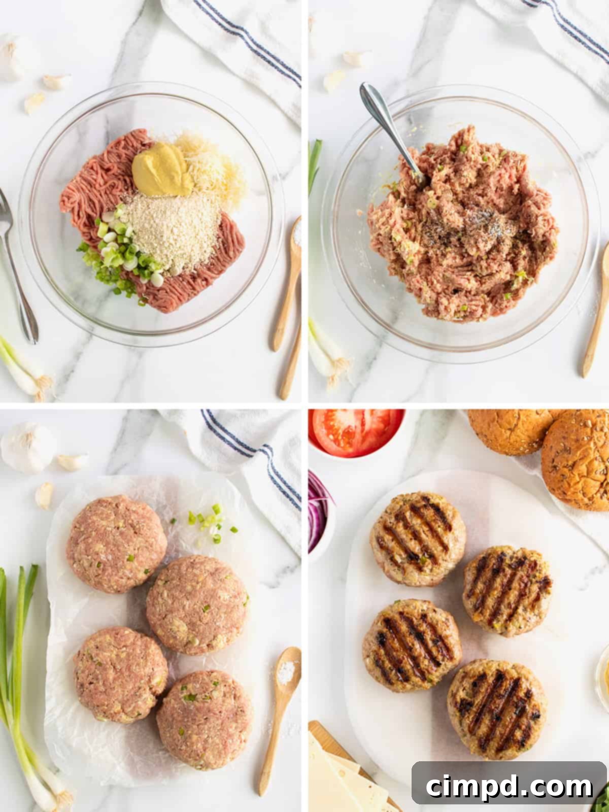 Fire-Kissed Turkey Burgers 5 Several turkey burger patties cooking on a hot grill, showing the searing process.