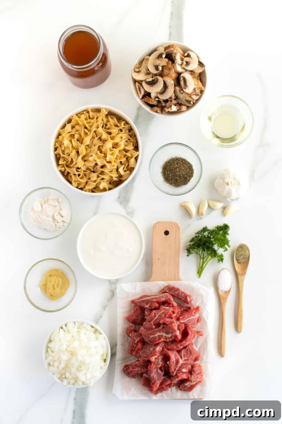 Simple Beef Stroganoff 4 Ingredients laid out for Easy Beef Stroganoff preparation