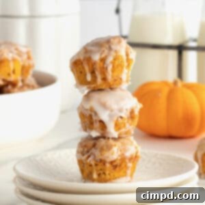 Baked Pumpkin Poppers 12 Three pumpkin fritters on a stack of white plates with a mini pumpkin in the background.