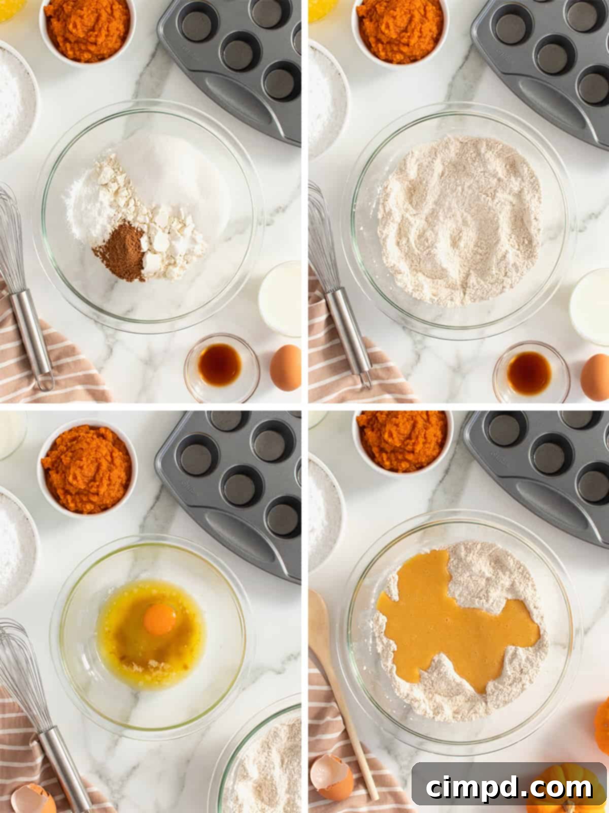 Baked Pumpkin Poppers 6 A visual collage showing the first four steps of making baked pumpkin fritter bites, including mixing ingredients.