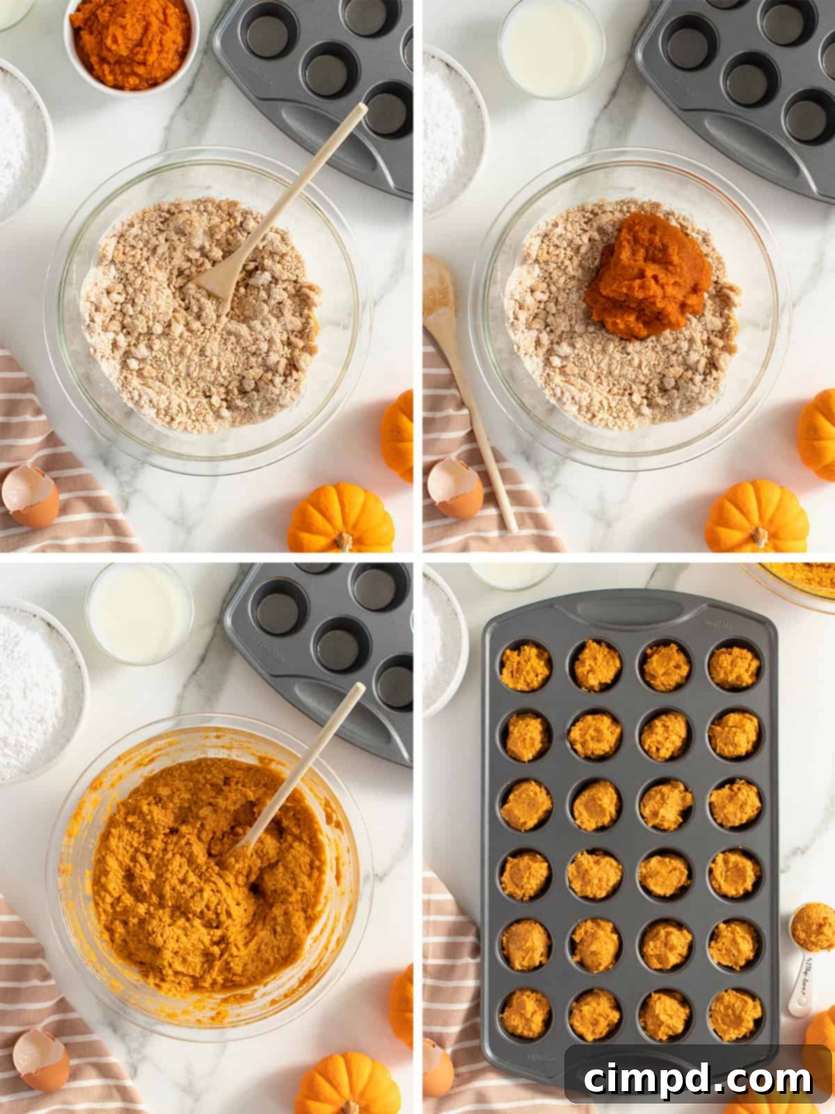 Baked Pumpkin Poppers 7 A visual collage illustrating steps 5 through 8 of the baked pumpkin fritter bites recipe, showing batter and unglazed fritters.