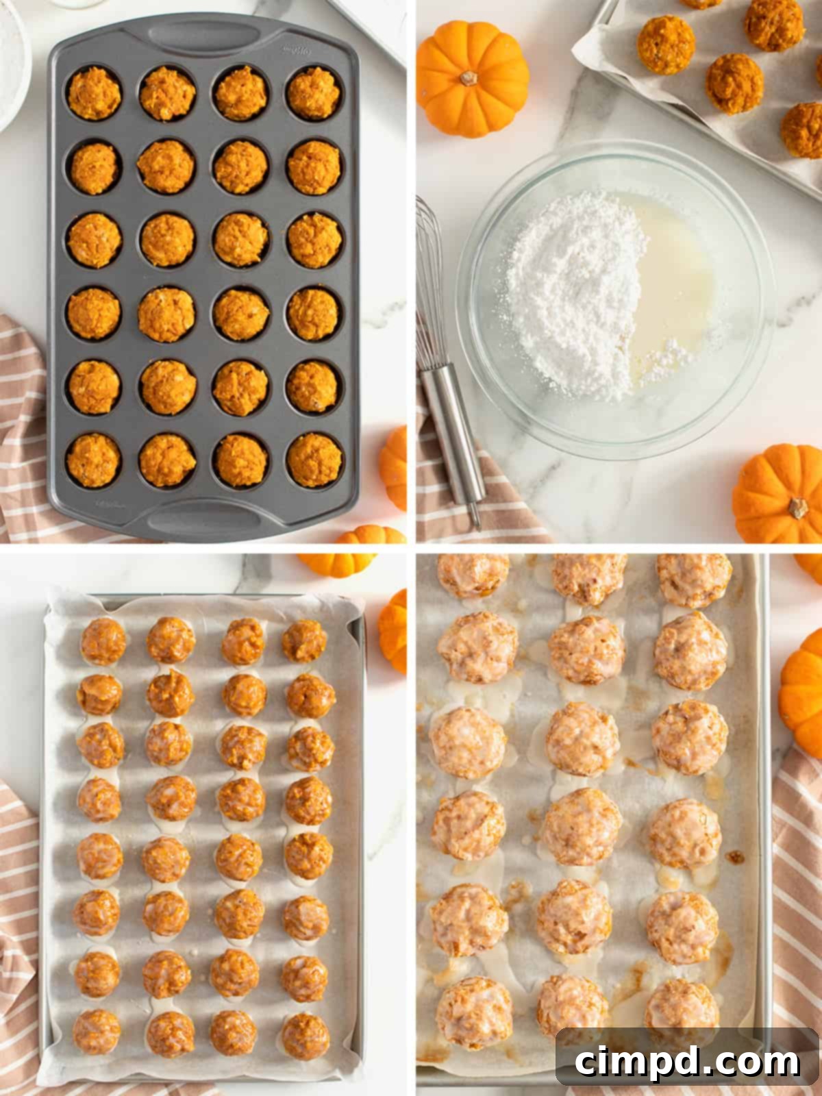 Baked Pumpkin Poppers 8 A visual collage demonstrating steps 9 through 12 of the recipe, showcasing the glazing and broiling process for pumpkin fritter bites.
