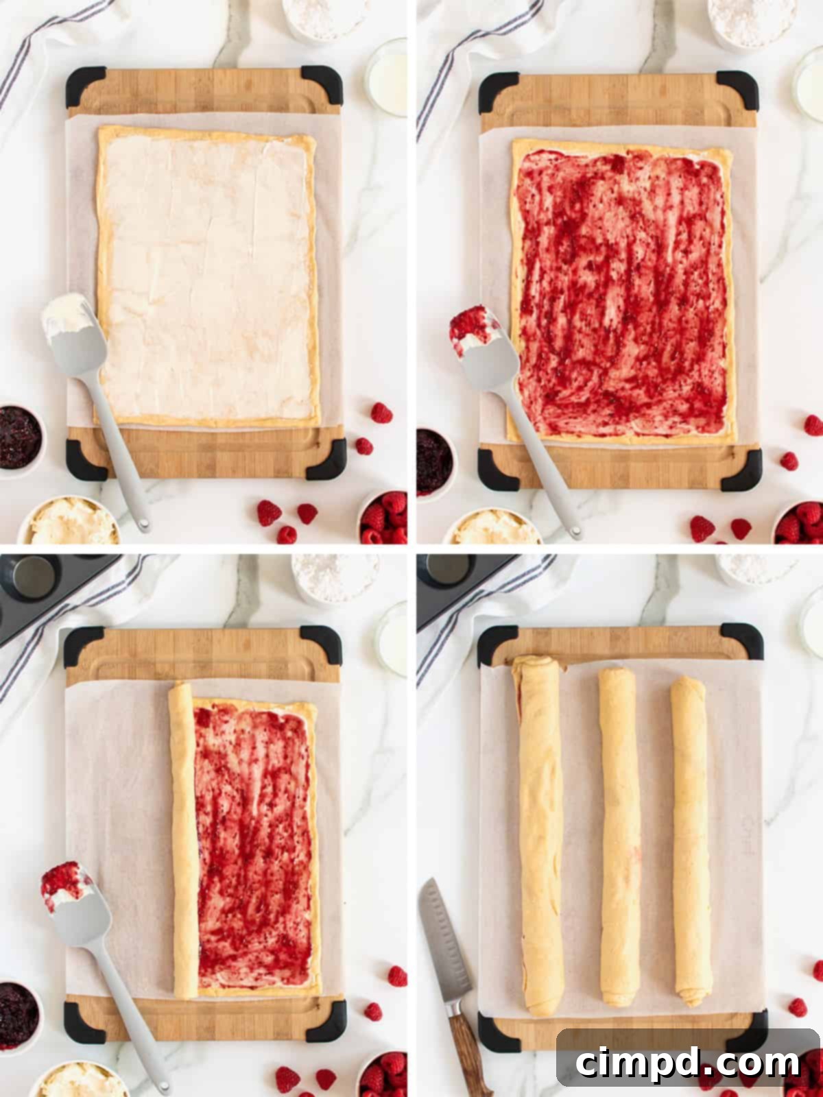 A visual sequence of steps showing how to roll out crescent dough, spread cream cheese and raspberry preserves, and roll the dough into a log for cruffins.