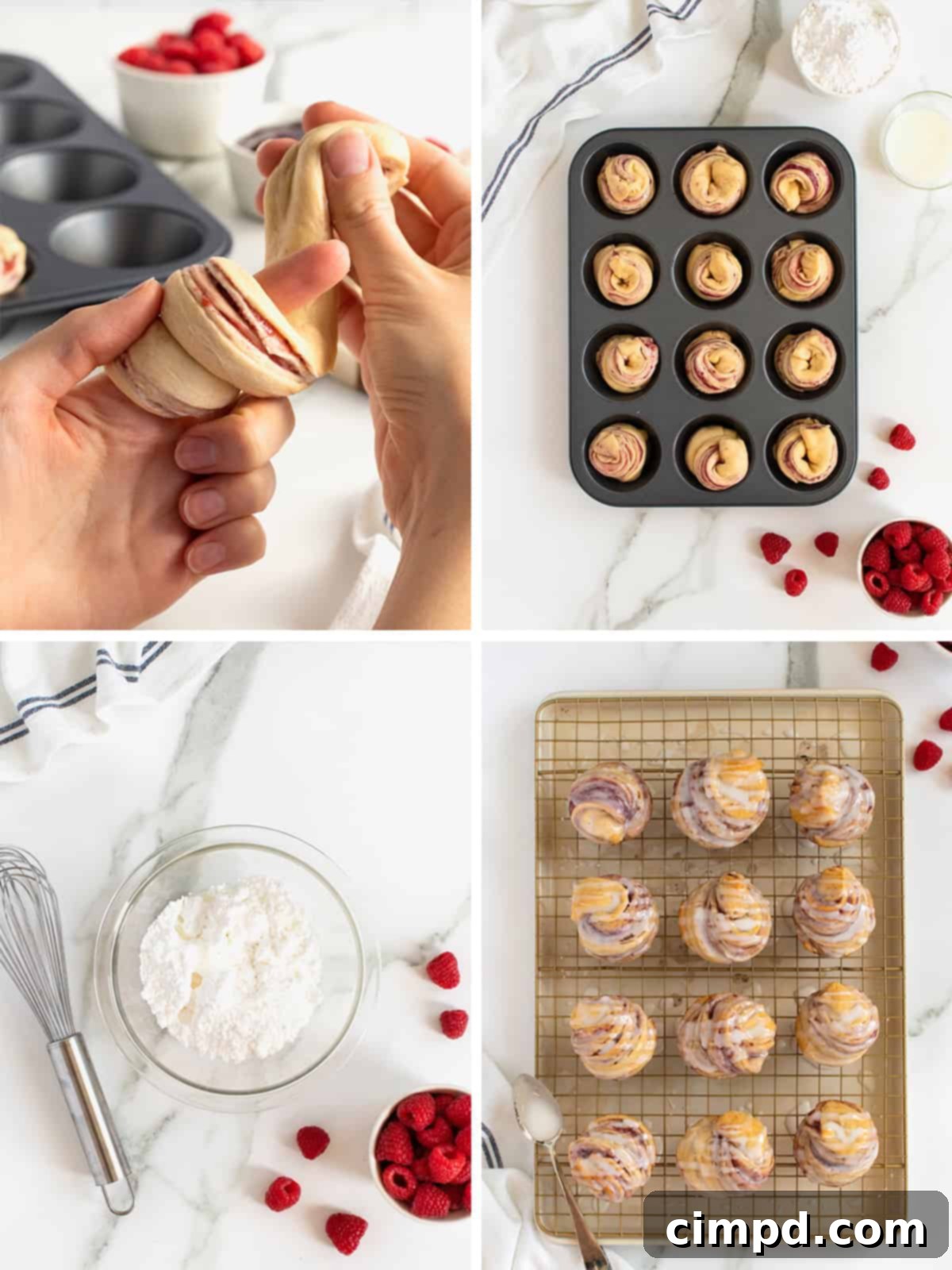 A visual guide showing the final steps of making Raspberry Cream Cheese Cruffins: cutting the dough lengthwise, shaping into spirals, and glazing the baked cruffins.