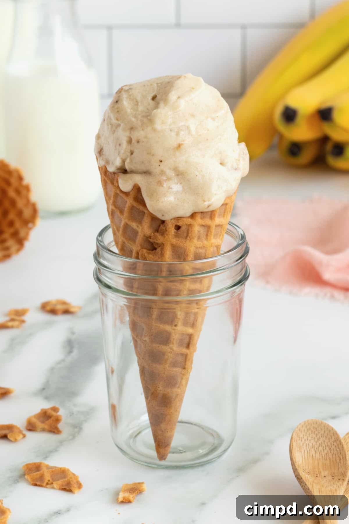 Pure Banana Bliss 2 Creamy One-Ingredient Banana Ice Cream in a bowl, garnished with a sliced banana, by The BakerMama